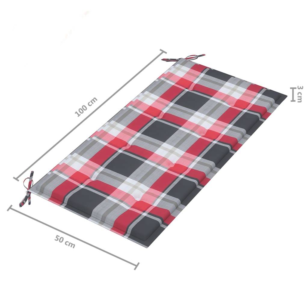 Helloshop26 - Banc de jardin meuble de patio d'extérieur terrasse avec coussin à carreaux rouge 112 x 55 x 94 cm teck massif - Imagen 8