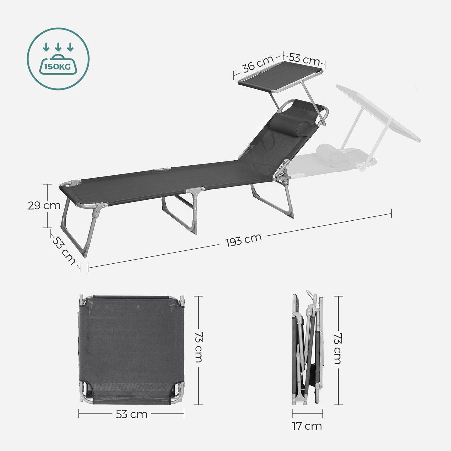 Helloshop26 - Chaise longue bain de soleil transat de relaxation avec matelas 3 cm coussin dossier et parasol inclinables ppliable 53 x 193 x 29 5 cm charge 150 kg - Imagen 3