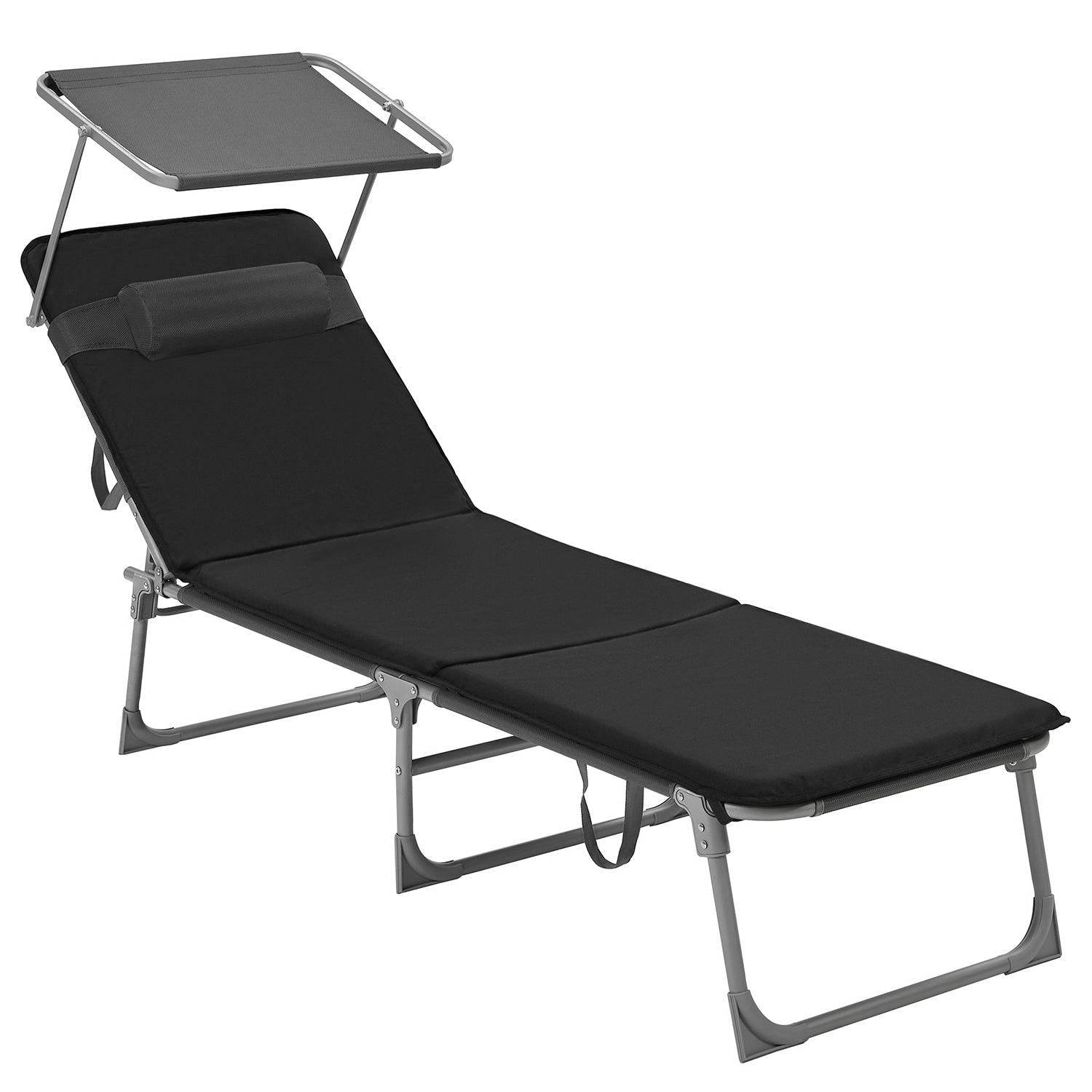 Helloshop26 - Chaise longue bain de soleil transat de relaxation avec matelas 3 cm coussin dossier et parasol inclinables ppliable 53 x 193 x 29 5 cm charge 150 kg - Imagen 1