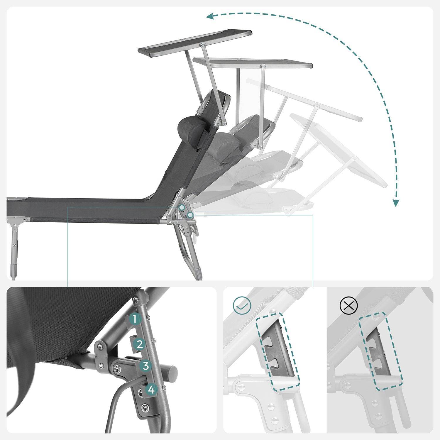 Helloshop26 - Chaise longue bain de soleil transat de relaxation avec matelas 3 cm coussin dossier et parasol inclinables ppliable 53 x 193 x 29 5 cm charge 150 kg - Imagen 2