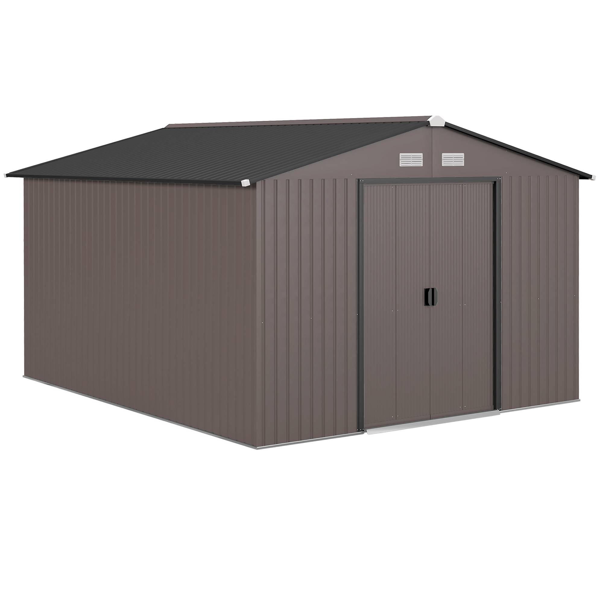 Abri de jardin métal avec double porte coulissante et 4 aérations 322x277x192 cm espace rangement marron