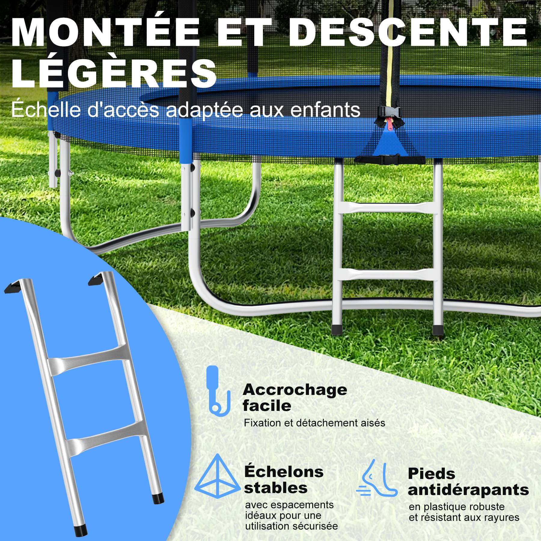 0 - Trampoline de Jardin Enfants et Adultes Jeux d'Extérieur  244 cm Noir et Bleu Avec Filet de sécurité Couverture de protection - Image 3
