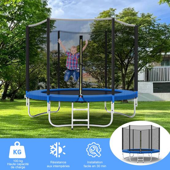 0 - Trampoline de Jardin Enfants et Adultes Jeux d'Extérieur 244 cm Noir et Bleu Avec Filet de sécurité Couverture de protection - Image 5