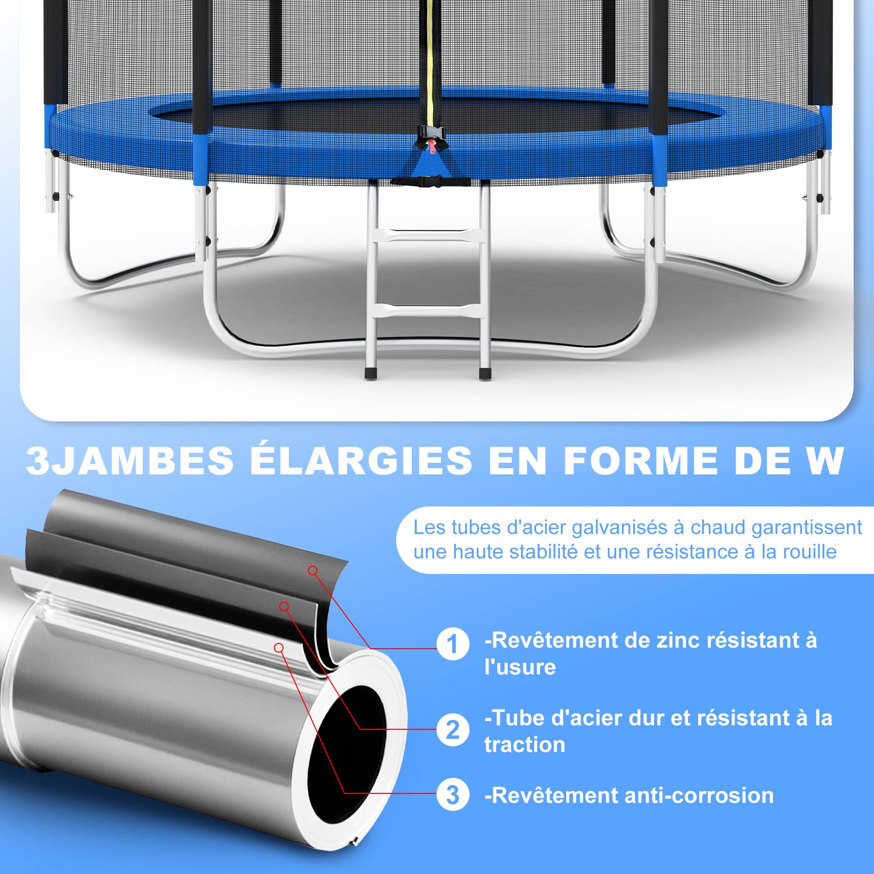 0 - Trampoline de Jardin Enfants et Adultes Jeux d'Extérieur  244 cm Noir et Bleu Avec Filet de sécurité Couverture de protection - Image 4