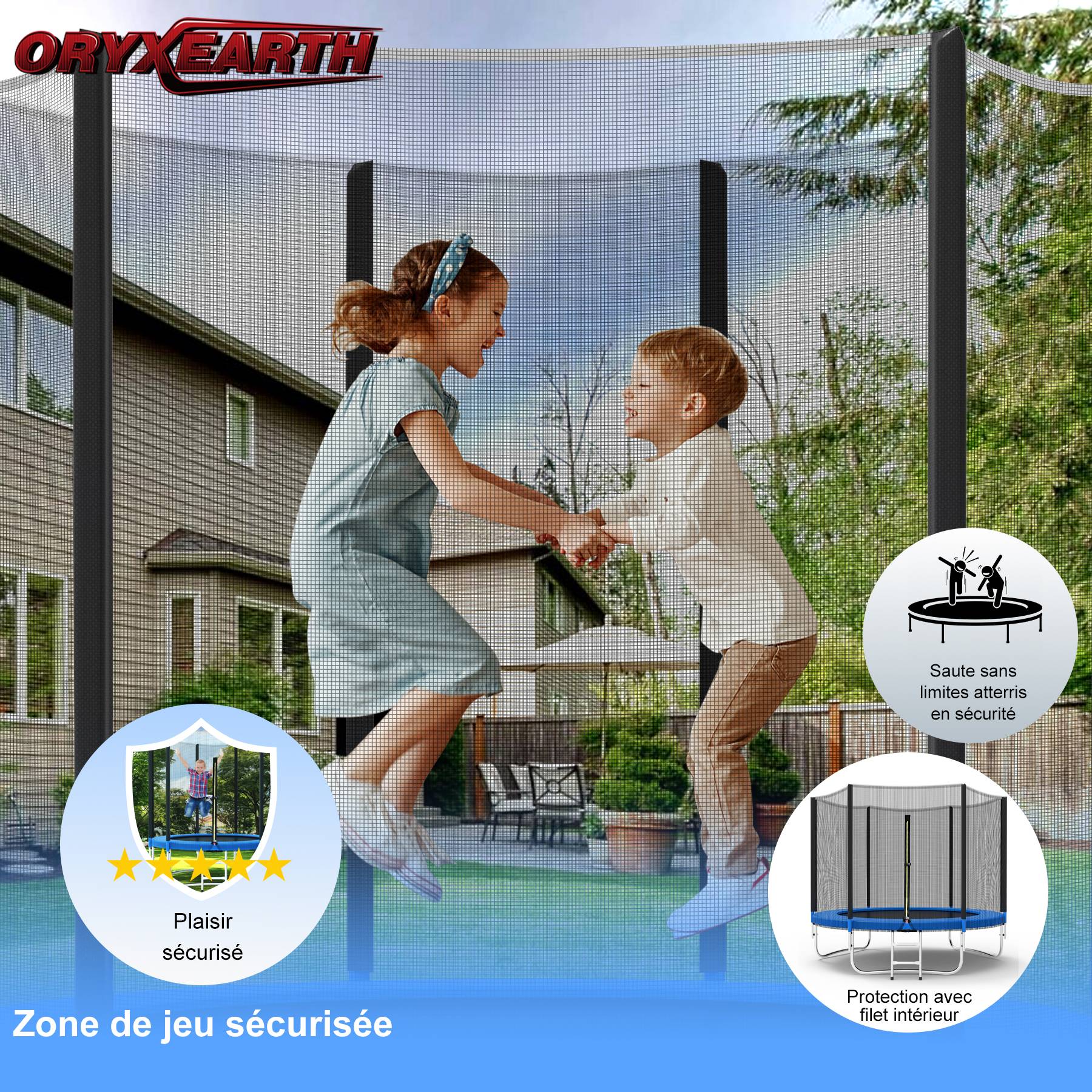 0 - Trampoline de Jardin Enfants et Adultes Jeux d'Extérieur  244 cm Noir et Bleu Avec Filet de sécurité Couverture de protection - Image 6
