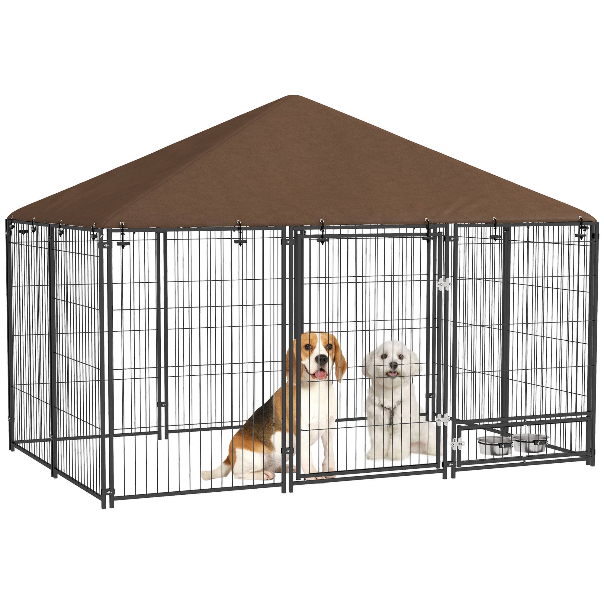 Chenil extérieur pour Chiens en acier et Tissu Oxford Support gamelle et Toit résistant aux intempéries Espace spacieux