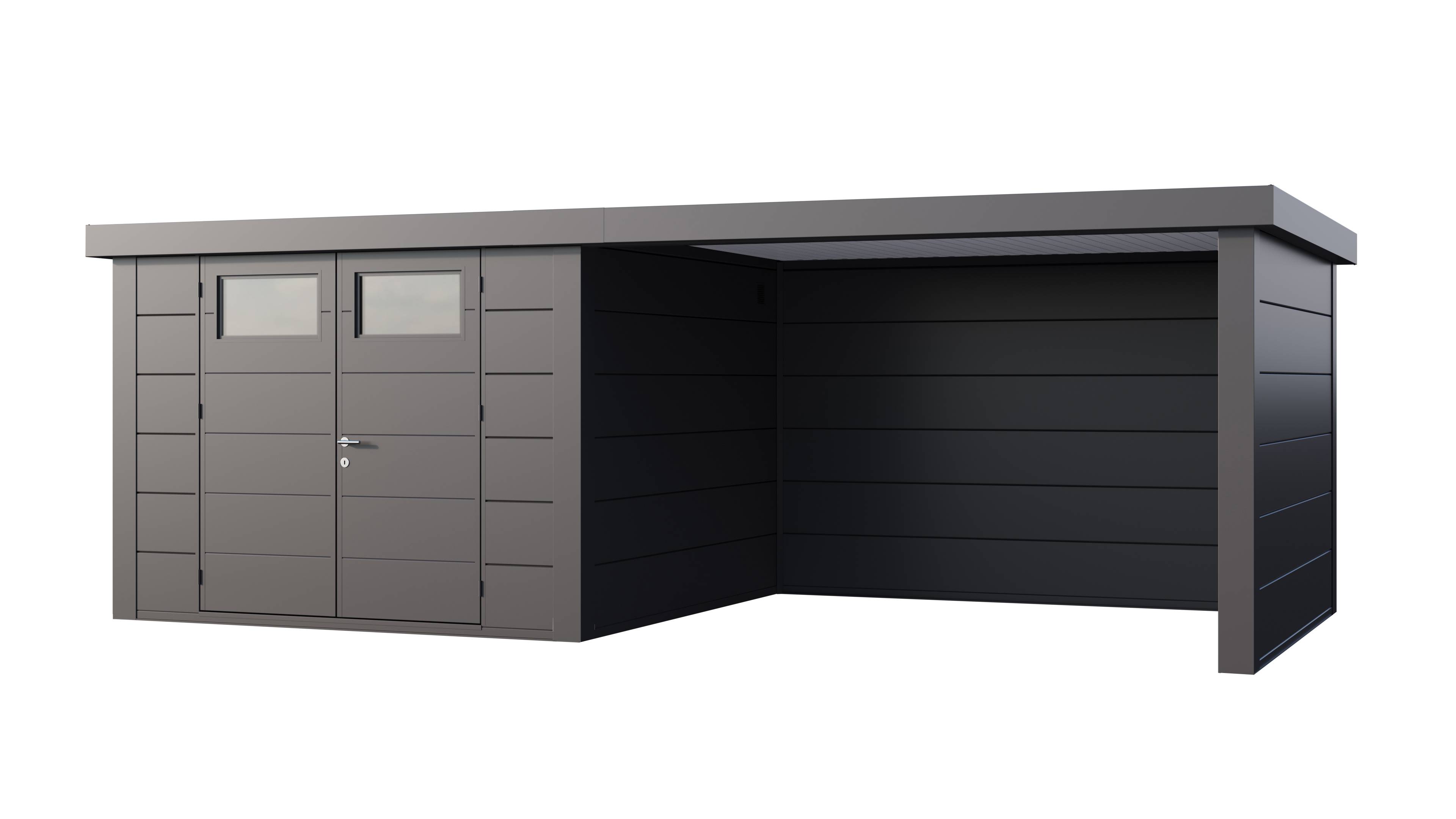 Telluria - Abri de jardin en acier de  8,9 m² avec auvent de 10,2 m² fermé à droite - Anthracite - TELLURIA CLASSICO 3030