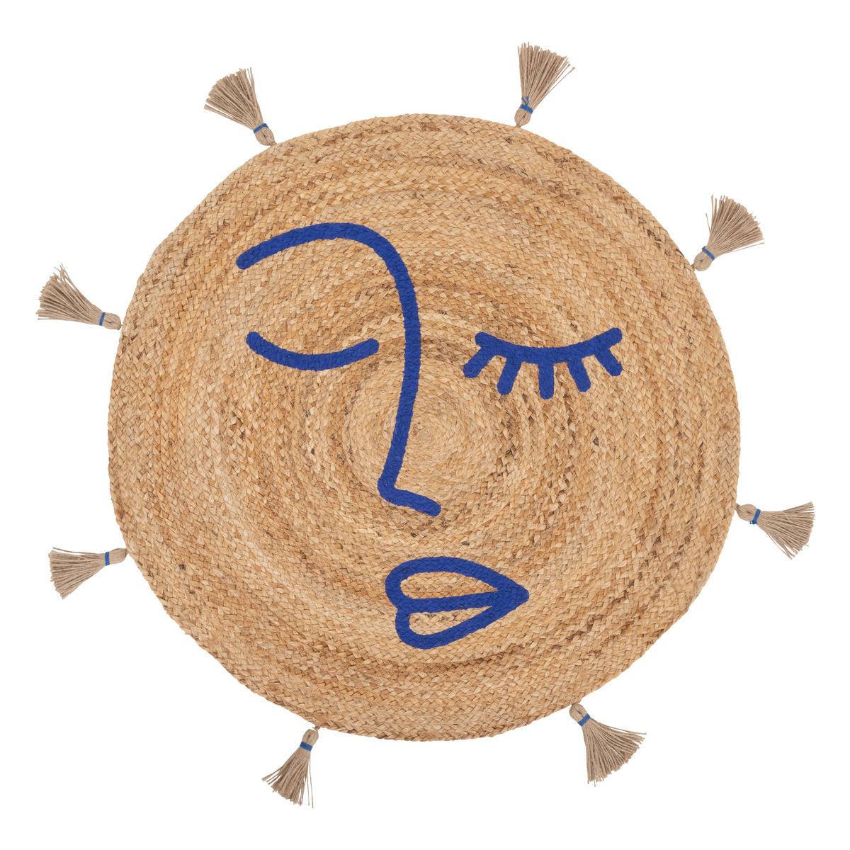 Tapis décoratif en Jute imprimée Bleu avec pompons D 78 cm - Image 1