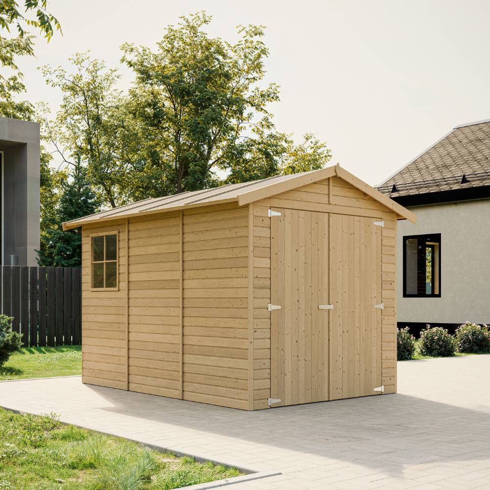 Timbela - Garage en Bois Naturel H222x244x320 cm/ 6 m² - Chalet en Pin/épicéa - Rangement pour vélos, remise à outils - 17 mm d’épaisseur - Timbela M105 - Image 1