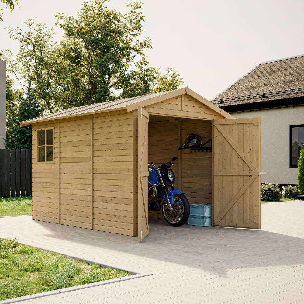 Timbela - Garage en Bois Naturel H222x244x320 cm/ 6 m² - Chalet en Pin/épicéa - Rangement pour vélos, remise à outils - 17 mm d’épaisseur - Timbela M105 - Image 2
