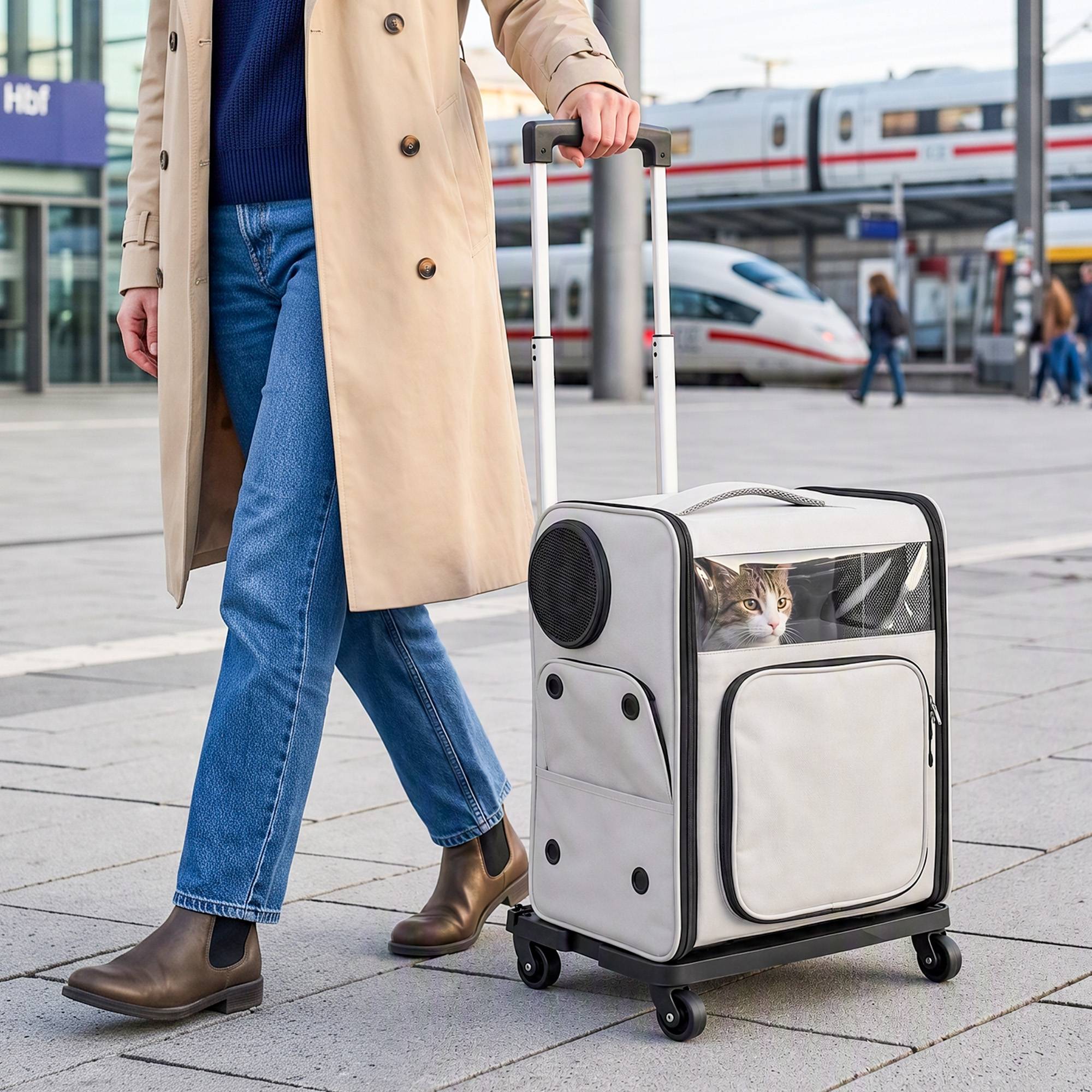 Sans Marque - Sac Transport Chat 2en1 Roulettes Pliable Extensible Ventilé Soutien Lombaire 34x28x43cm Gris - Image 3
