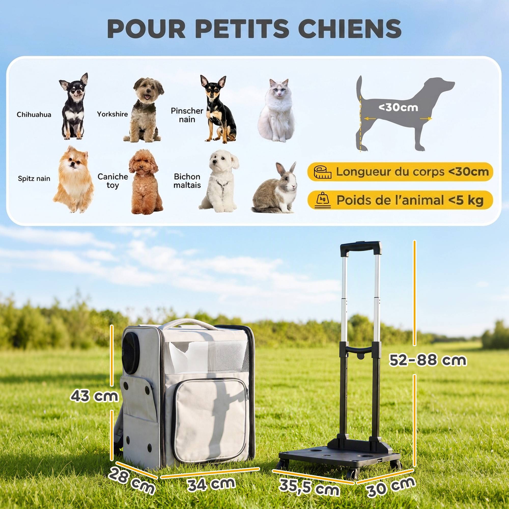 Sans Marque - Sac Transport Chat 2en1 Roulettes Pliable Extensible Ventilé Soutien Lombaire 34x28x43cm Gris - Image 5