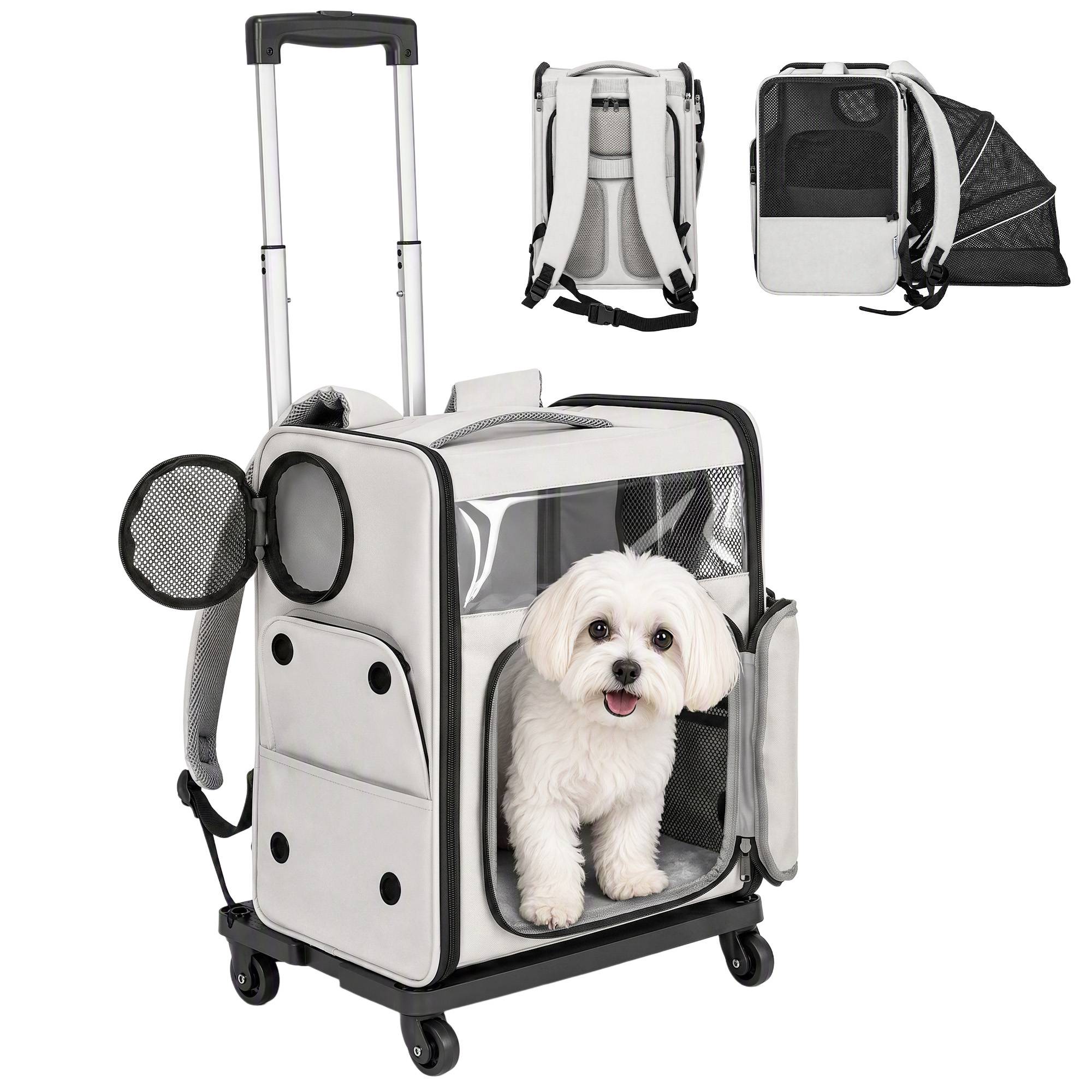 Sans Marque - Sac Transport Chat 2en1 Roulettes Pliable Extensible Ventilé Soutien Lombaire 34x28x43cm Gris - Image 1