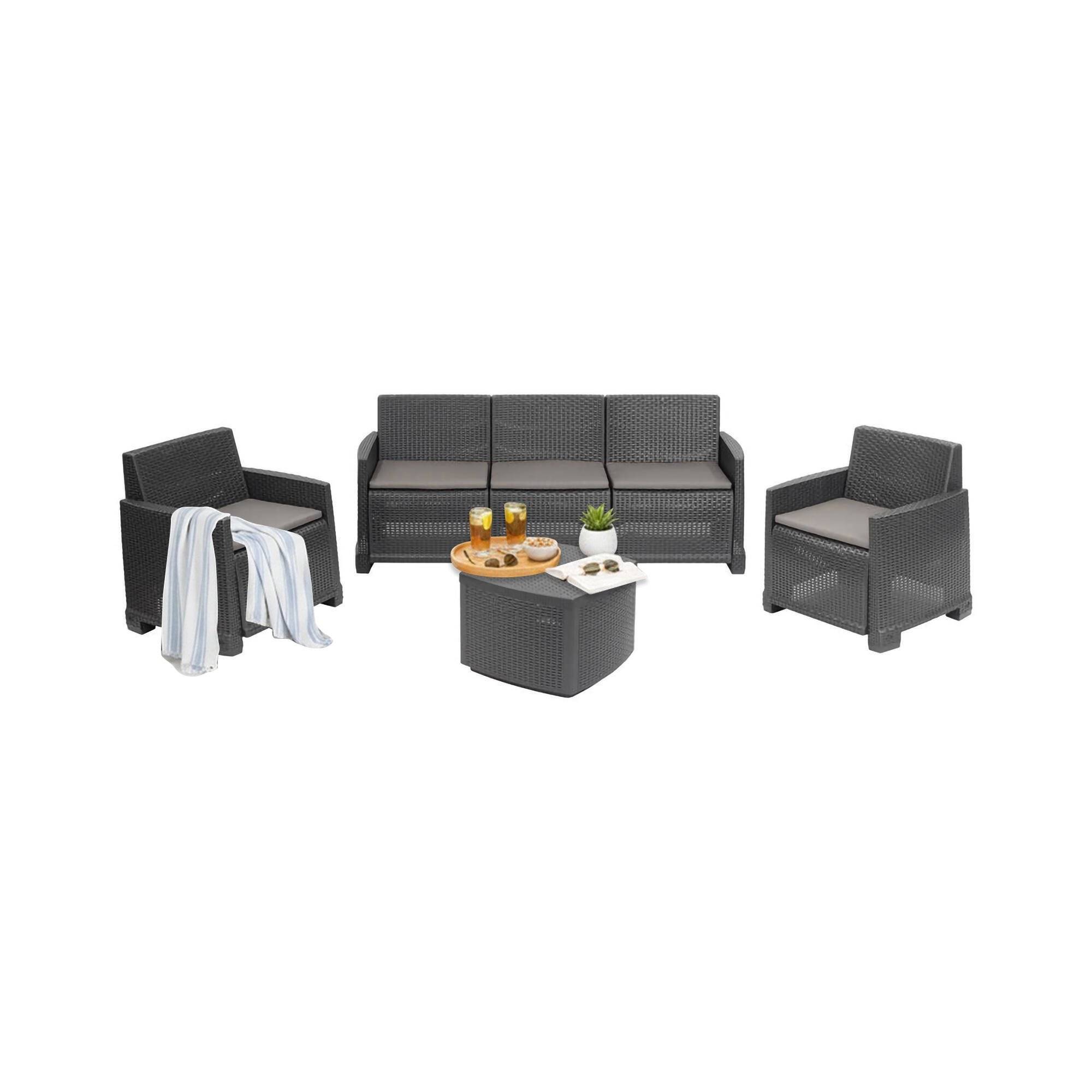 Dmora - Salon d'extérieur Alassio, Composition de jardin avec 2 fauteuils, 1 canapé et 1 table de rangement, Effet rotin avec coussins, Anthracite - Dmora - Imagen 1