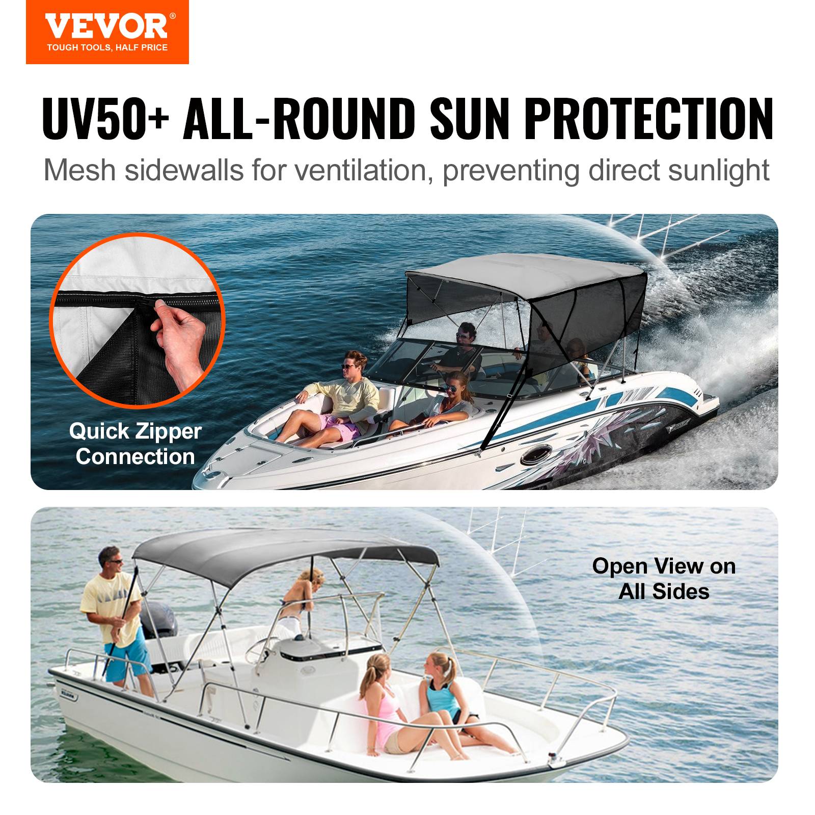 Vevor - VEVOR Bimini bateau 4 arceaux, 243x137x216-228 cm, alu, polyester 600D, mailles. - Image 2