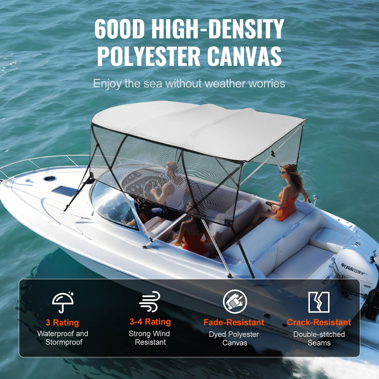 Vevor - VEVOR Bimini bateau 4 arceaux, 243x137x216-228 cm, alu, polyester 600D, mailles. - Image 3