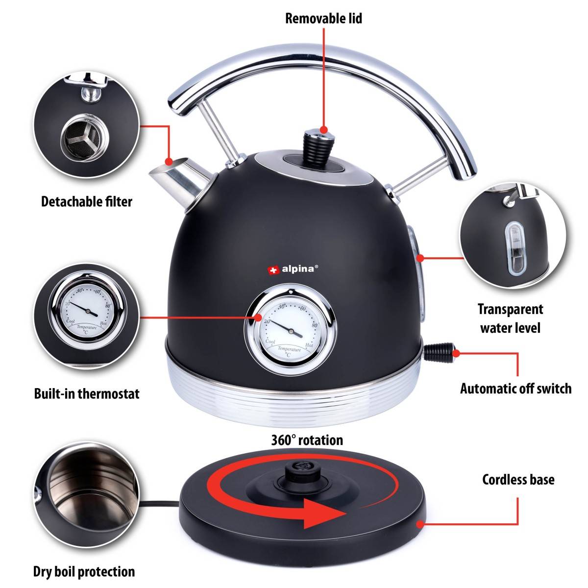 Alpina - Bouilloire électrique 2200W 1.8 Litre base rotation 360° Thermostat ALPINA - Imagen 4