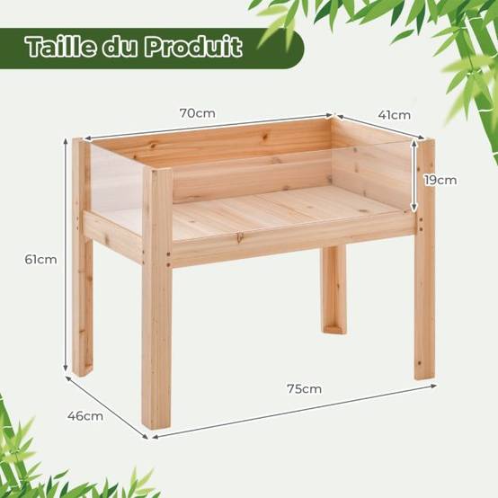 Helloshop26 - Jardinière surélevée en bois trous de drainage panneaux acryliques transparent légumes herbes fleurs capacité de 50 litres naturel - Imagen 4