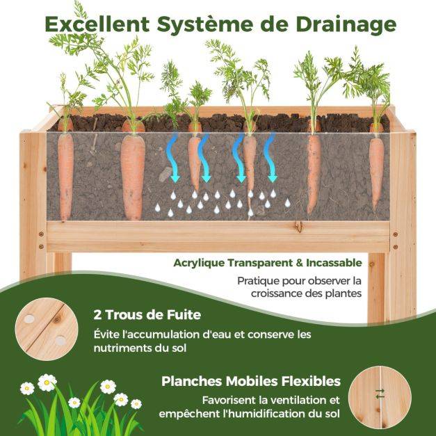 Helloshop26 - Jardinière surélevée en bois trous de drainage panneaux acryliques transparent légumes herbes fleurs capacité de 50 litres naturel - Imagen 3