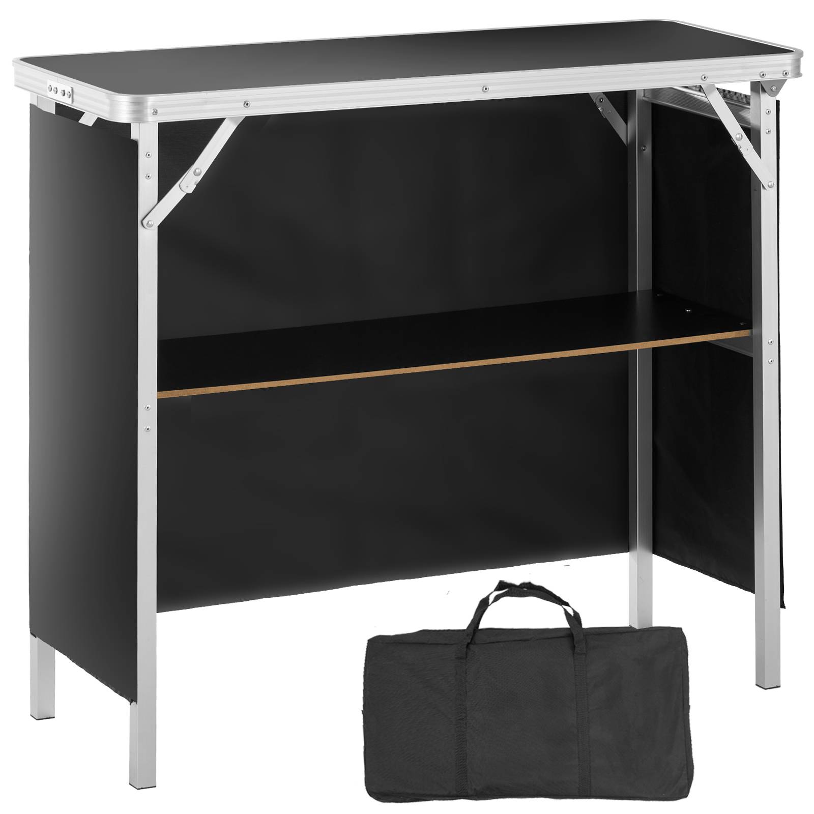 VEVOR Comptoir de stand pliant 97.5x38.5x87cm, portable avec étagère, jupe noire et sac, pour exposition. - Image 1