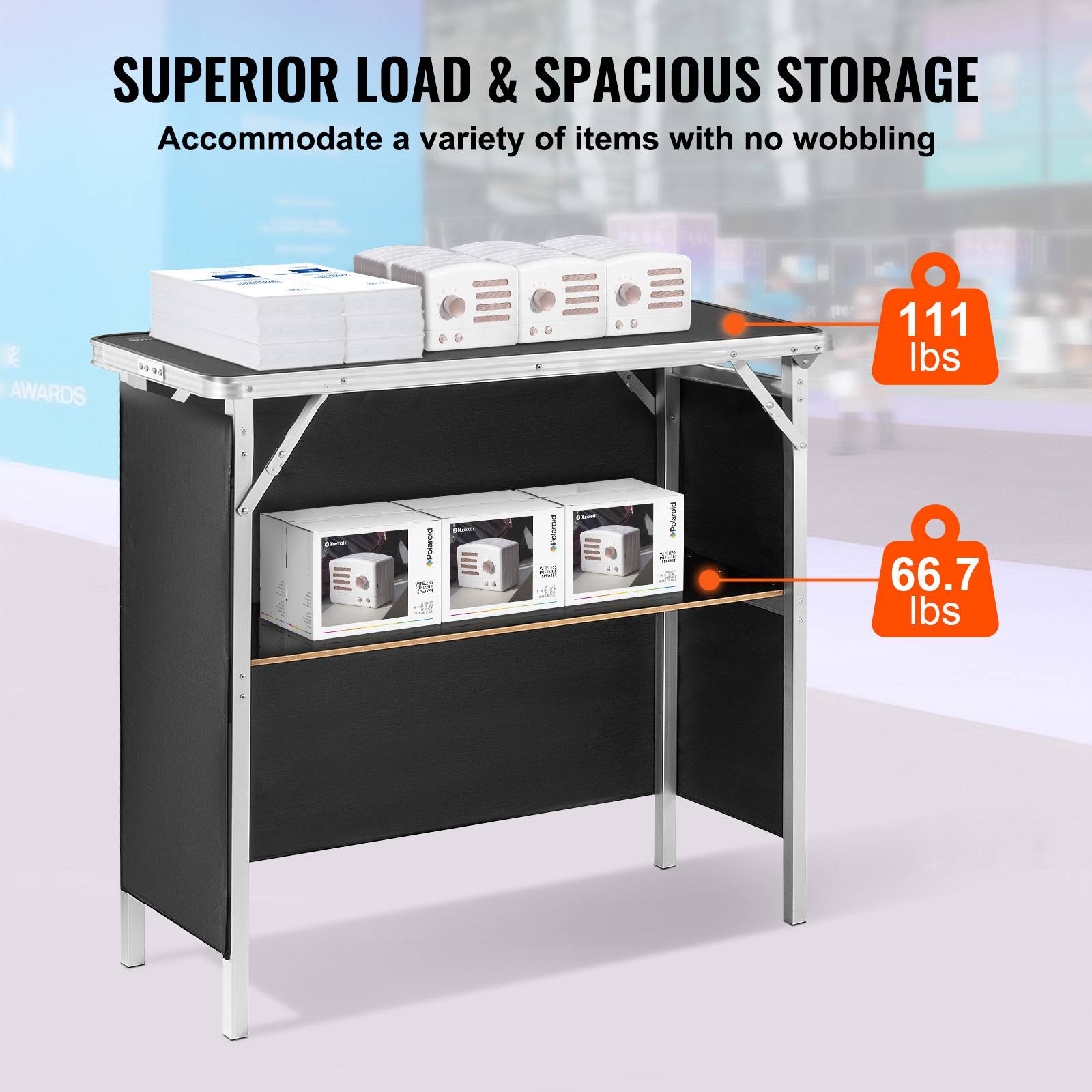 VEVOR Comptoir de stand pliant 97.5x38.5x87cm, portable avec étagère, jupe noire et sac, pour exposition. - Image 3
