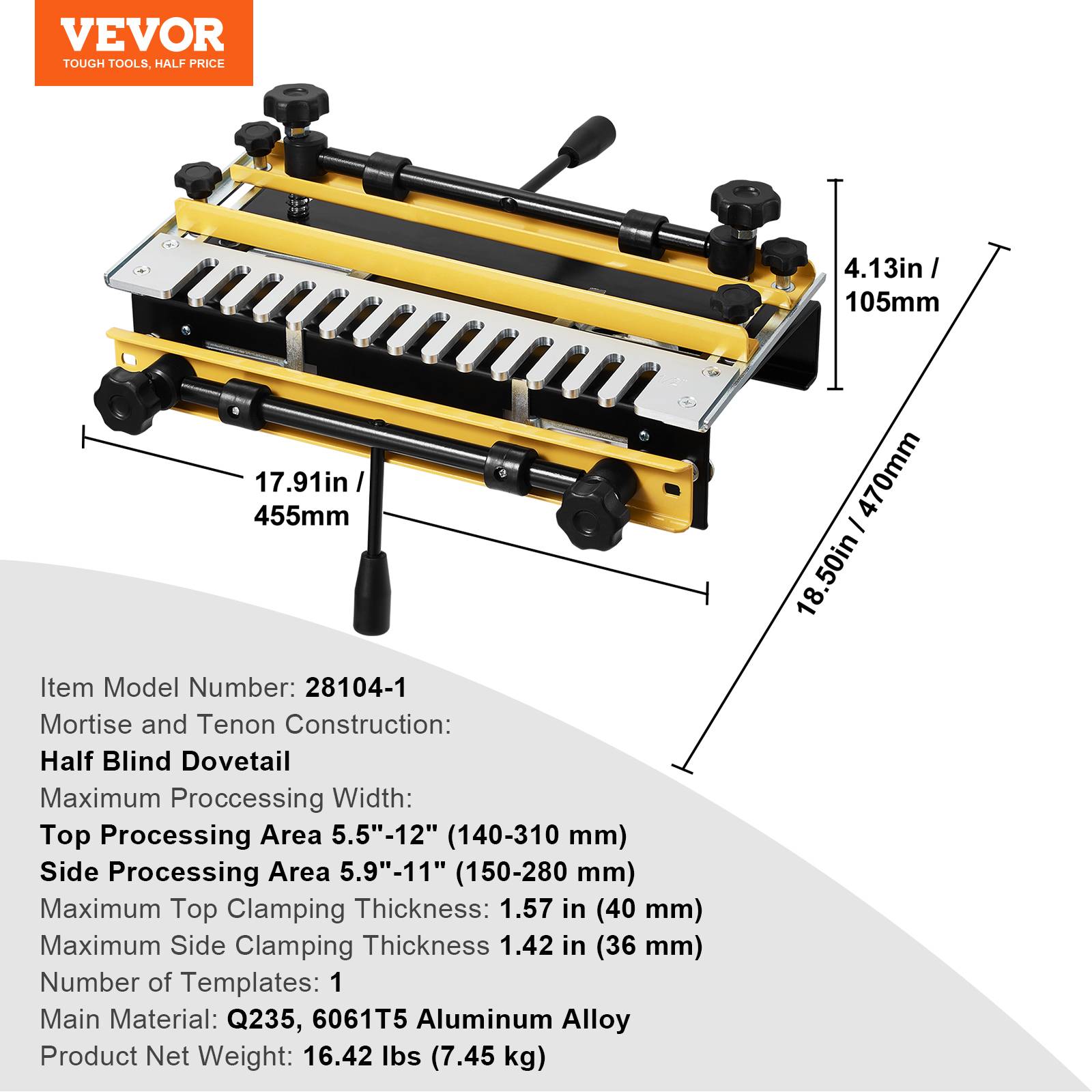 Vevor - VEVOR Gabarit à queue d’aronde semi-aveugle pour défonceuse, fraise 12,7 mm, largeur travail 140–310 mm, aluminium durable. - Image 6