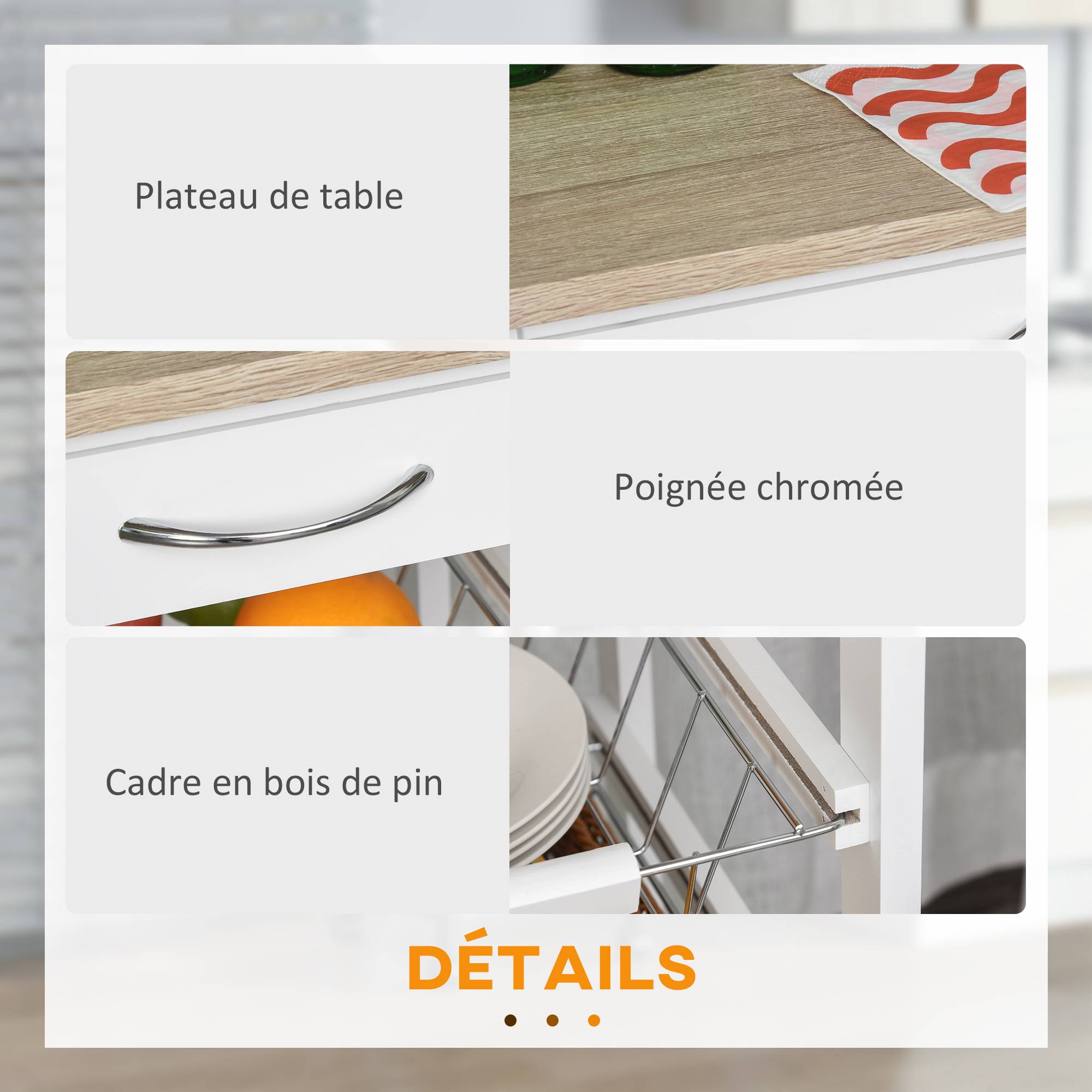 Chariot de service desserte à roulettes multi-rangements 4 paniers métal + tiroir bois de pin 37 x 37 x 82 cm blanc - Image 8