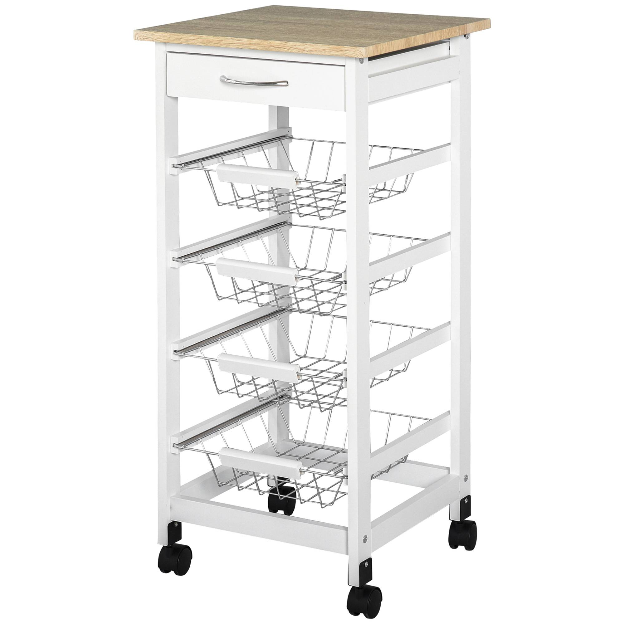 Chariot de service desserte à roulettes multi-rangements 4 paniers métal + tiroir bois de pin 37 x 37 x 82 cm blanc - Image 2