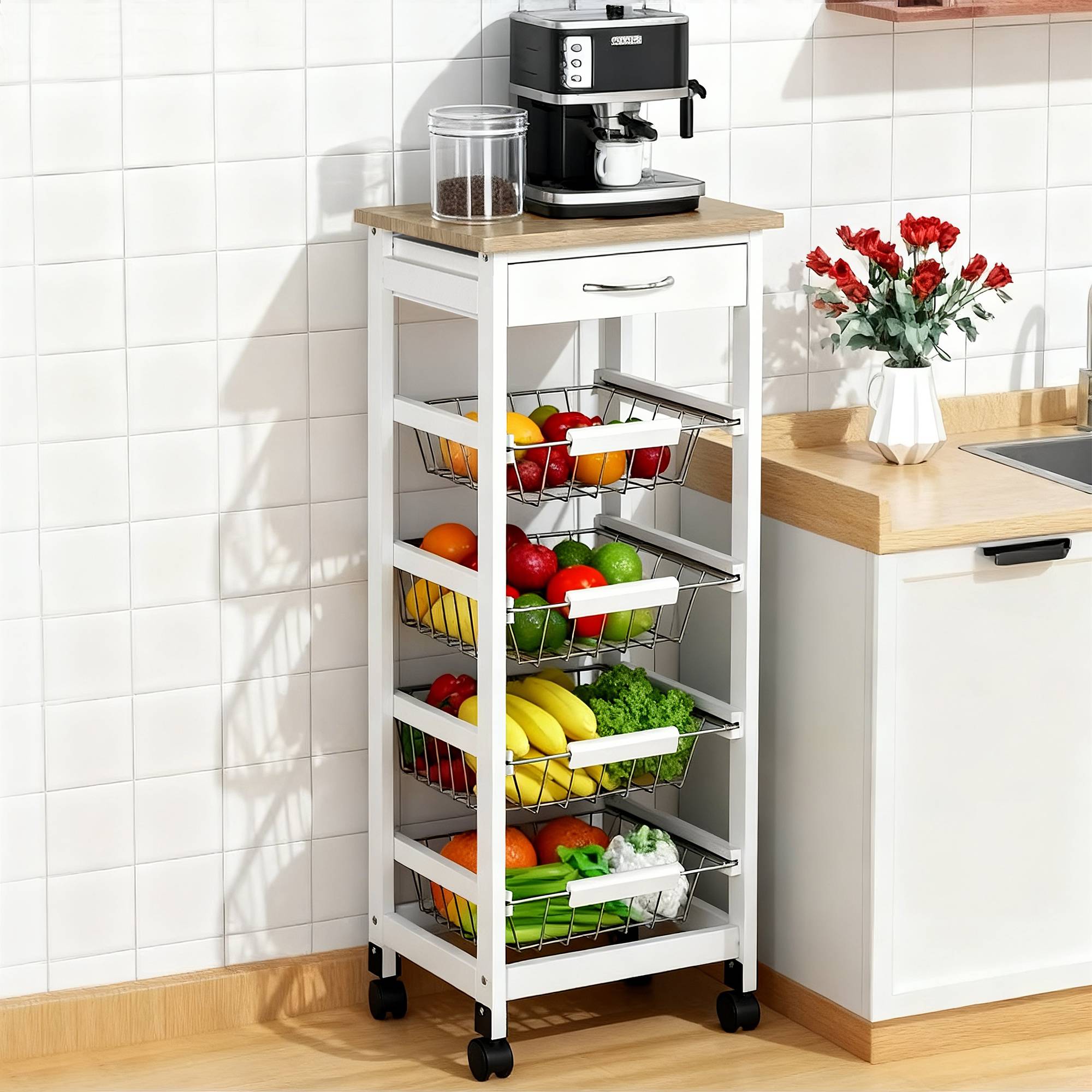 Chariot de service desserte à roulettes multi-rangements 4 paniers métal + tiroir bois de pin 37 x 37 x 82 cm blanc - Image 1