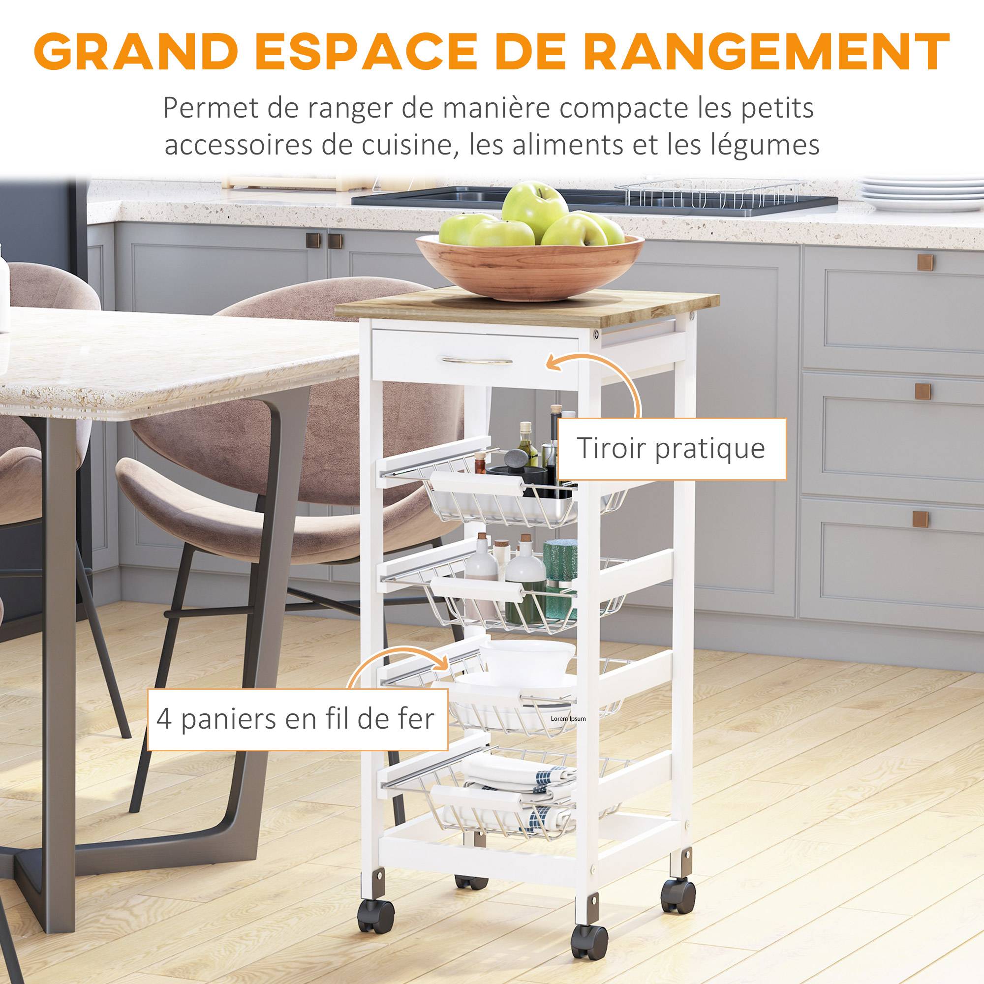 Chariot de service desserte à roulettes multi-rangements 4 paniers métal + tiroir bois de pin 37 x 37 x 82 cm blanc - Image 6