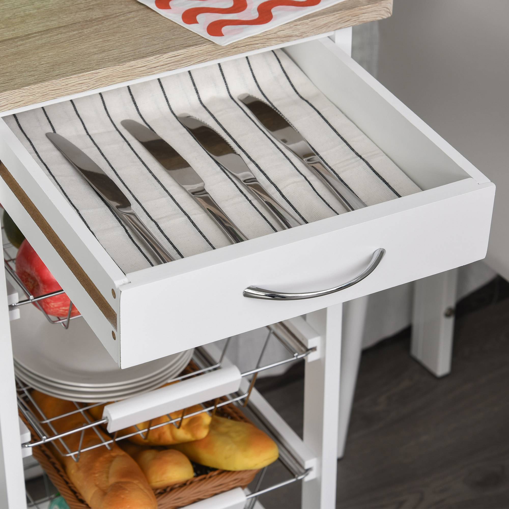 Chariot de service desserte à roulettes multi-rangements 4 paniers métal + tiroir bois de pin 37 x 37 x 82 cm blanc - Image 10