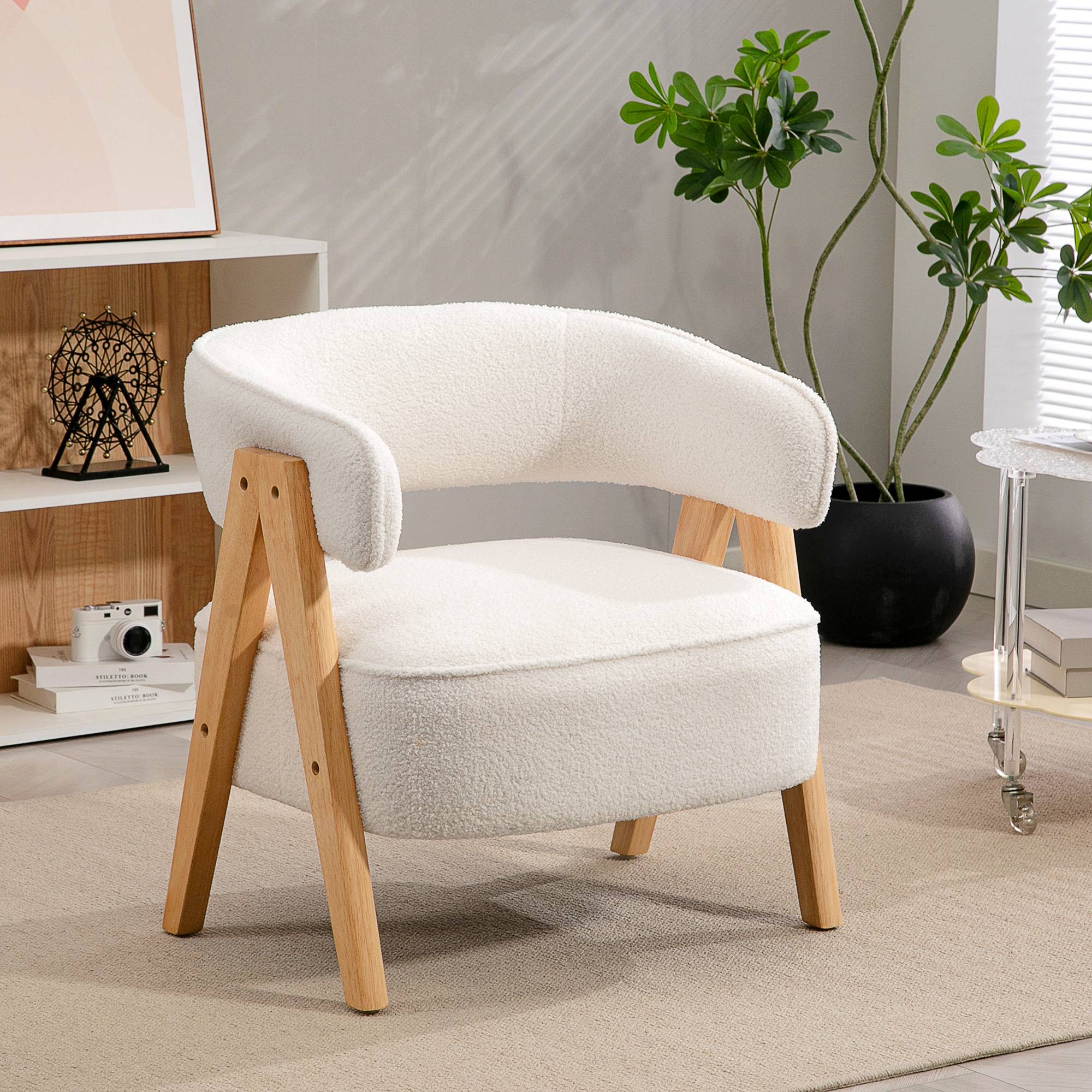 Fauteuil moderne rembourré, revêtement polaire, fauteuil d'appoint, fauteuil avec pieds en bois, structure en métal, blanc - Image 10