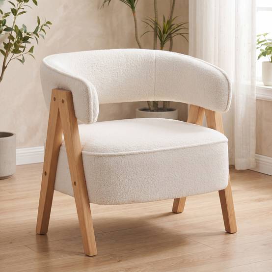 Fauteuil moderne rembourré, revêtement polaire, fauteuil d'appoint, fauteuil avec pieds en bois, structure en métal, blanc - Image 4