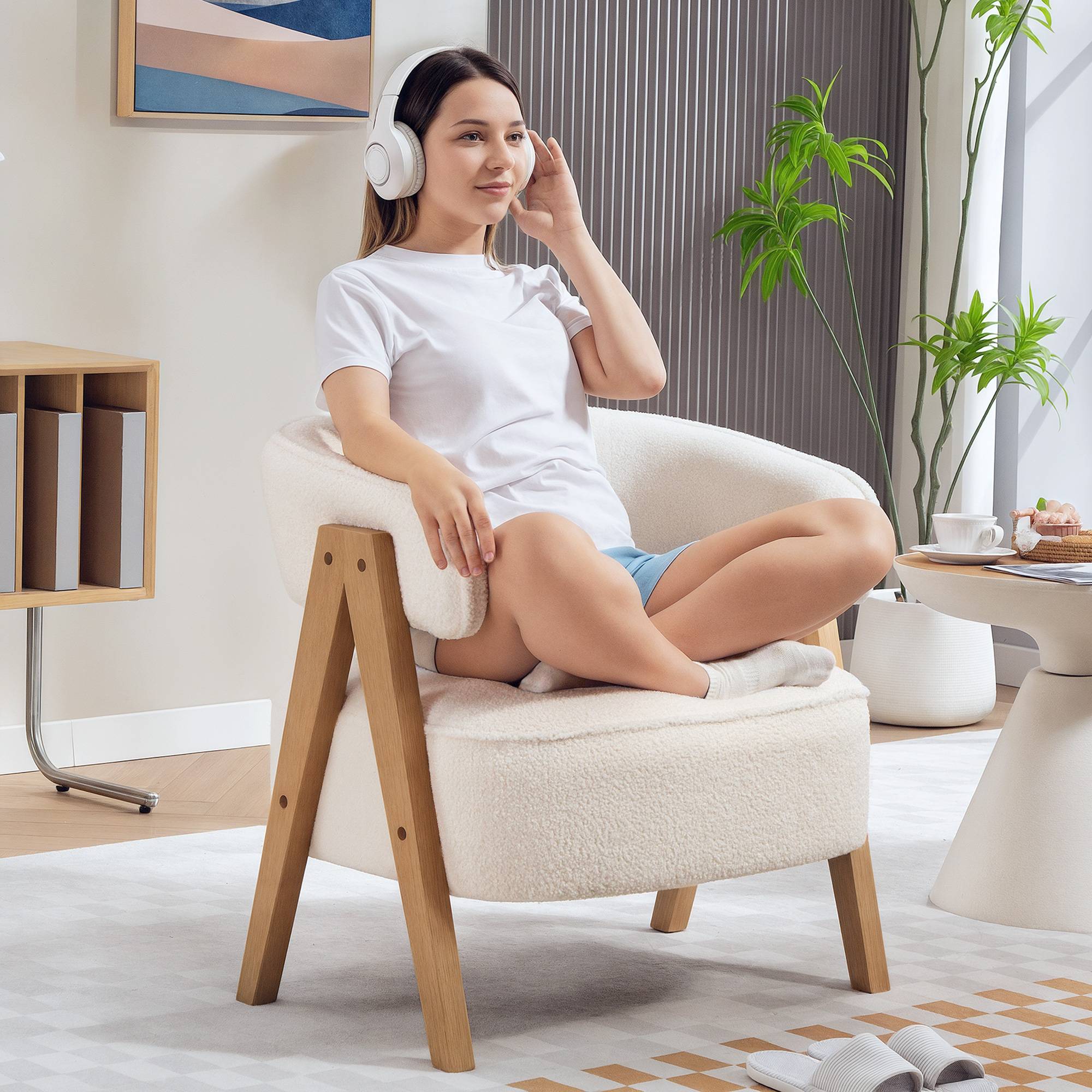 Fauteuil moderne rembourré, revêtement polaire, fauteuil d'appoint, fauteuil avec pieds en bois, structure en métal, blanc - Image 9