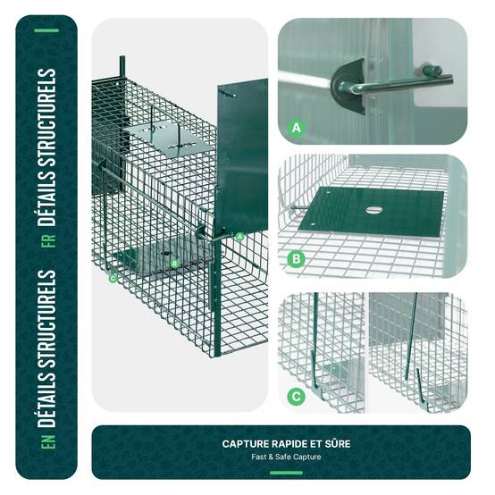 Piege pour animaux vivants cage trappe en metal 80x26x34cm vert - Image 5