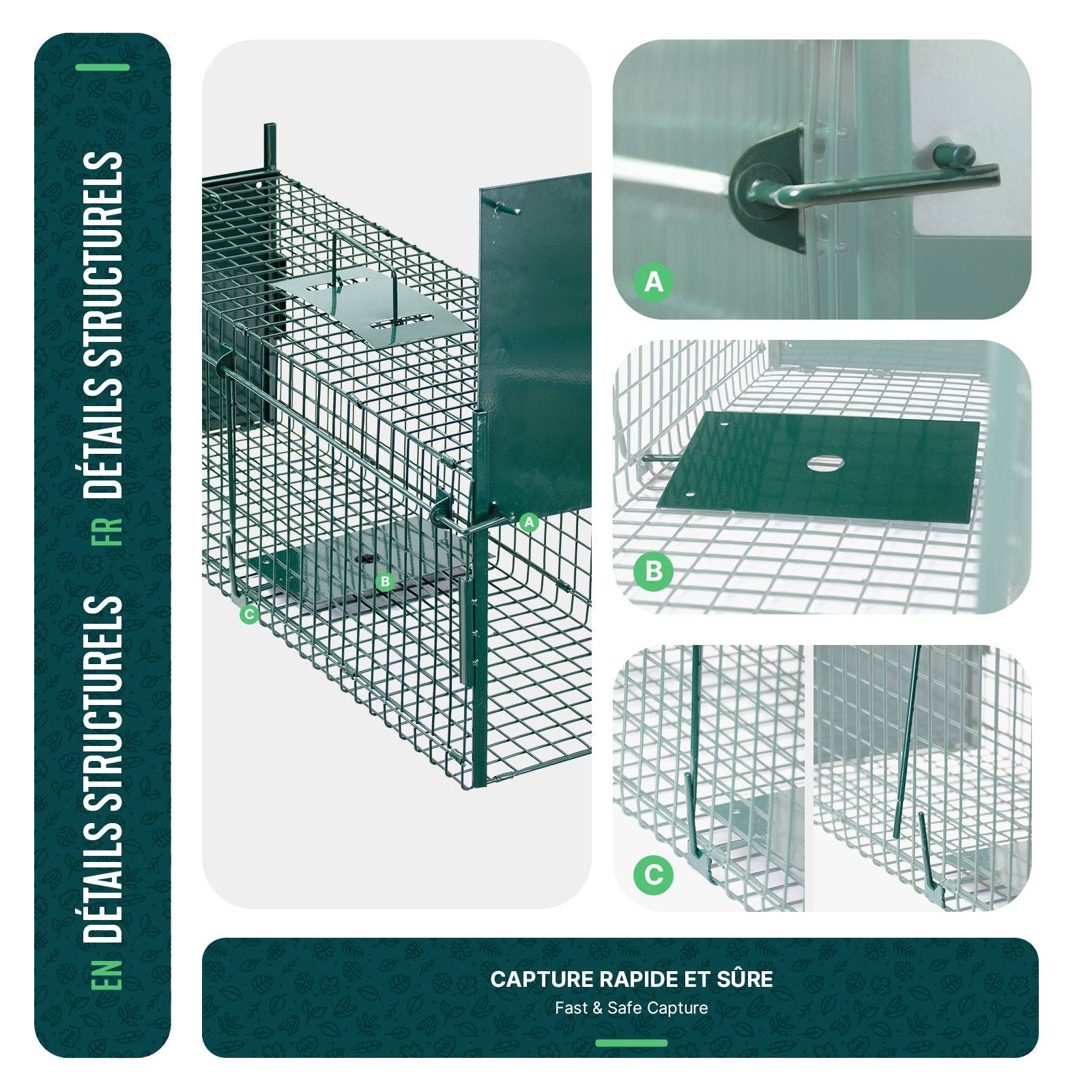 Piege pour animaux vivants cage trappe en metal 80x26x34cm vert - Image 5