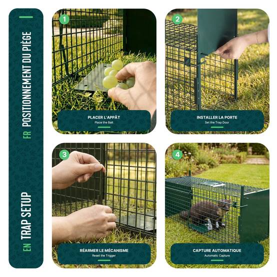 Piege pour animaux vivants cage trappe en metal 80x26x34cm vert - Image 7