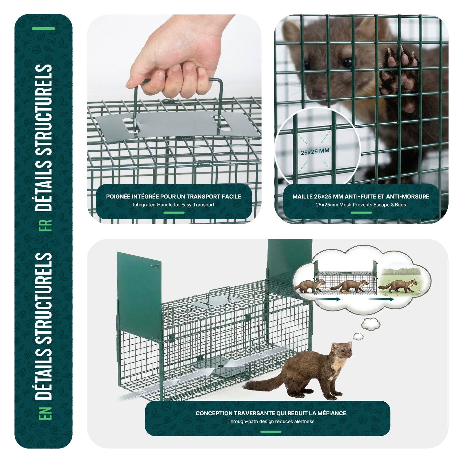 Piege pour animaux vivants cage trappe en metal 80x26x34cm vert - Image 6
