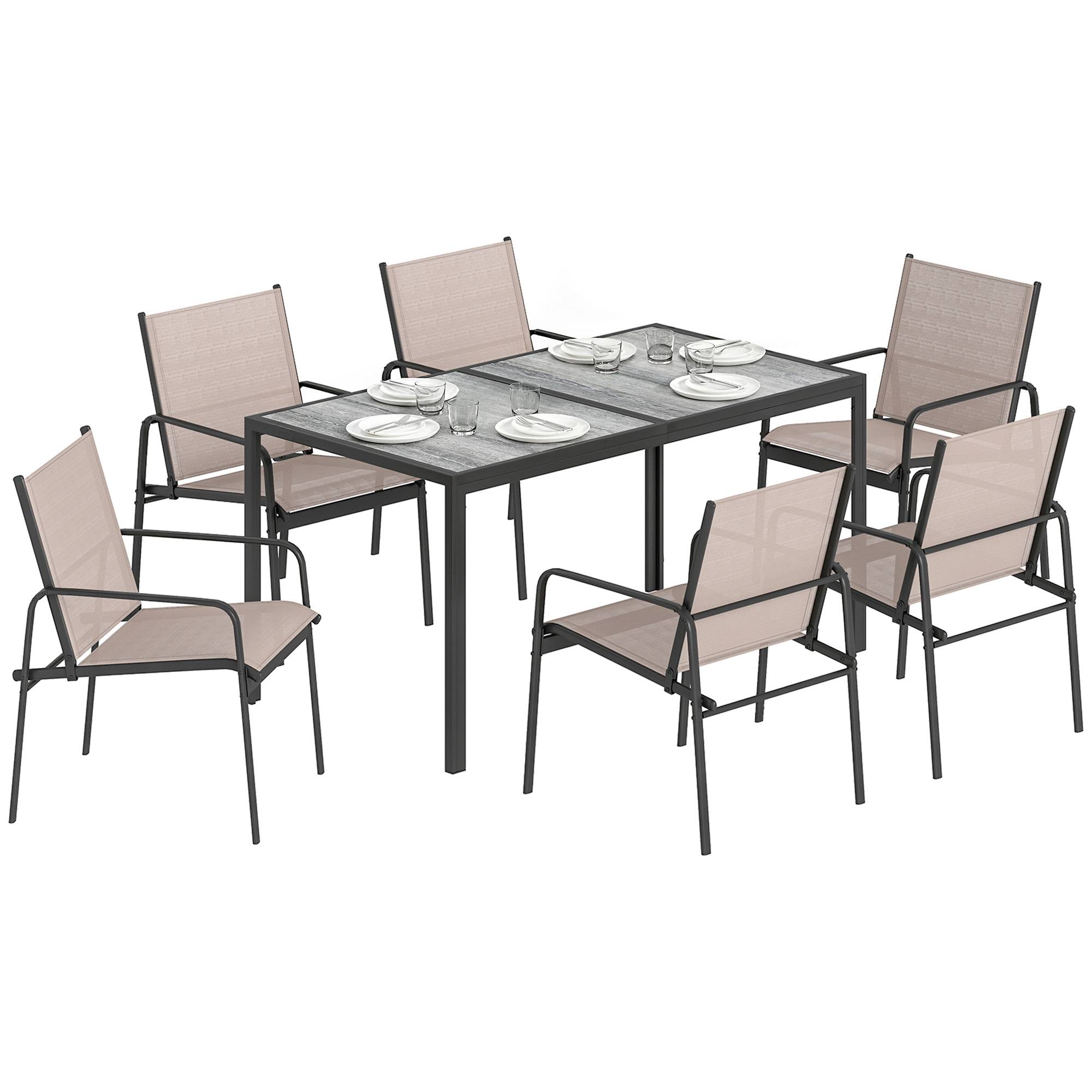 ComfortXL - Salon de jardin 7 pièces acier textilène repas extérieur table effet bois 150cm kaki - ComfortXL Outdoor Living - Image 1