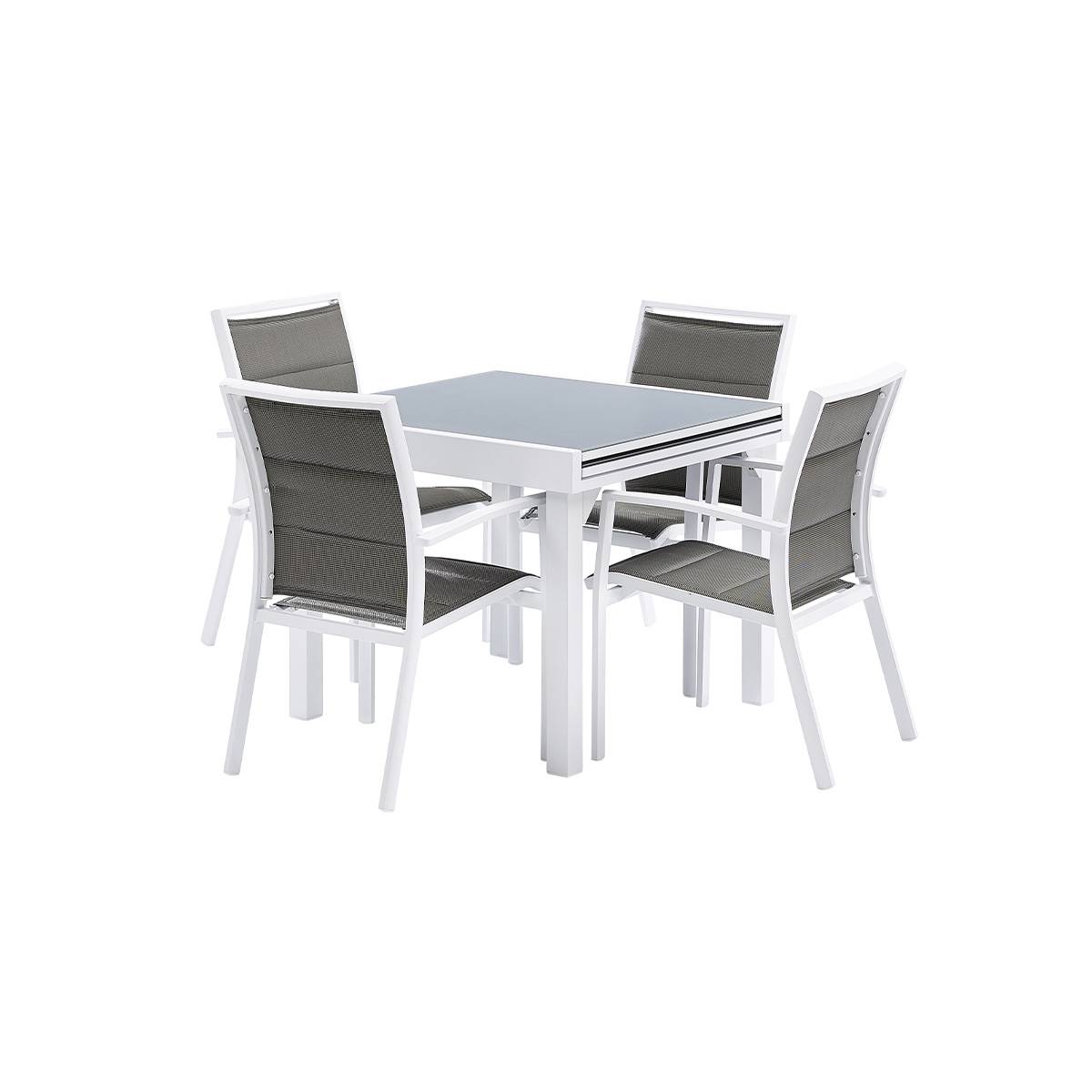 Wilsa Garden - Ensemble MODULO 4/8p en aluminium blanc et verre trempé gris perle avec 4 fauteuils en textilène - Imagen 2