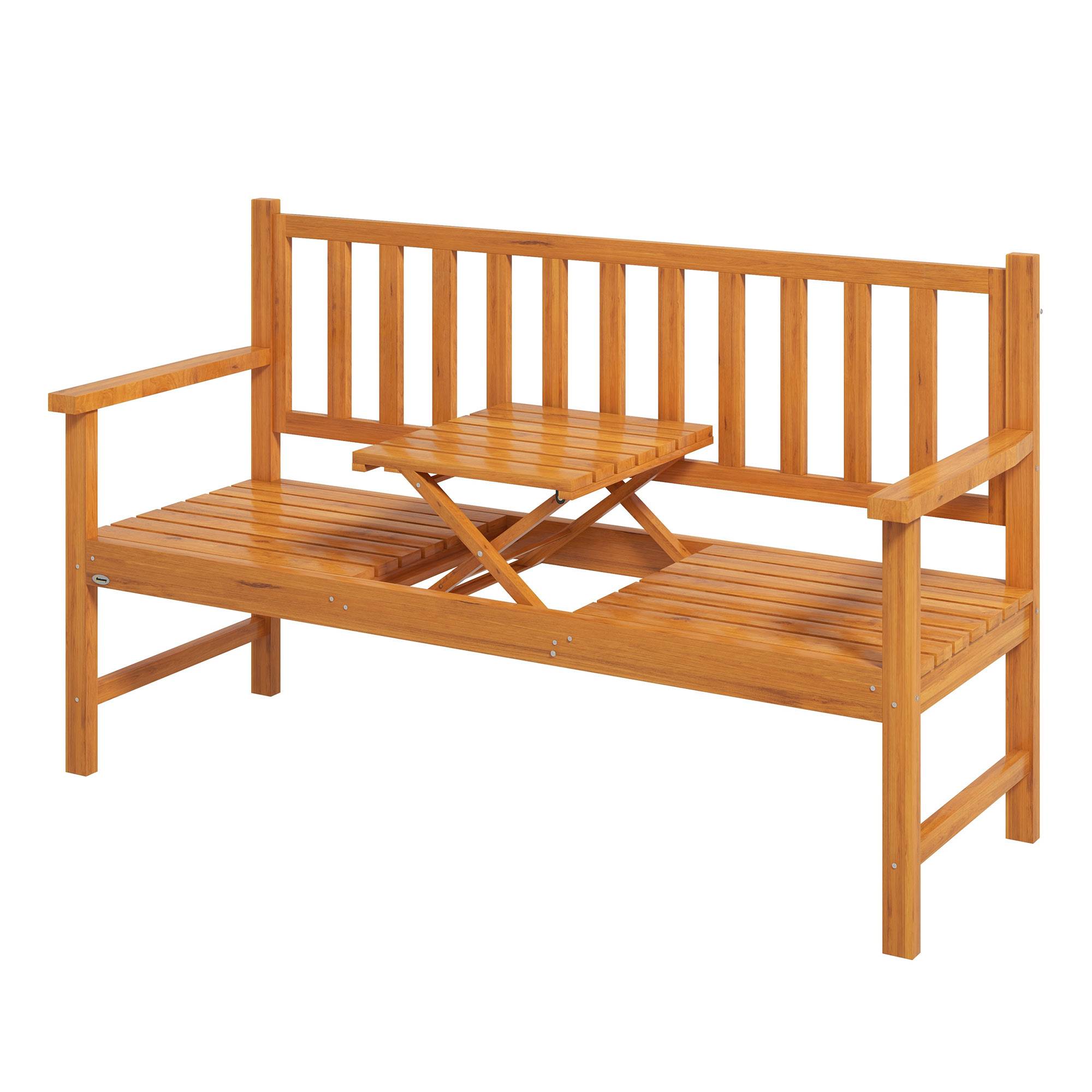 Sans Marque - Banc jardin table centrale relevable accoudoirs bois 153x56x91 cm marron clair - Image 2