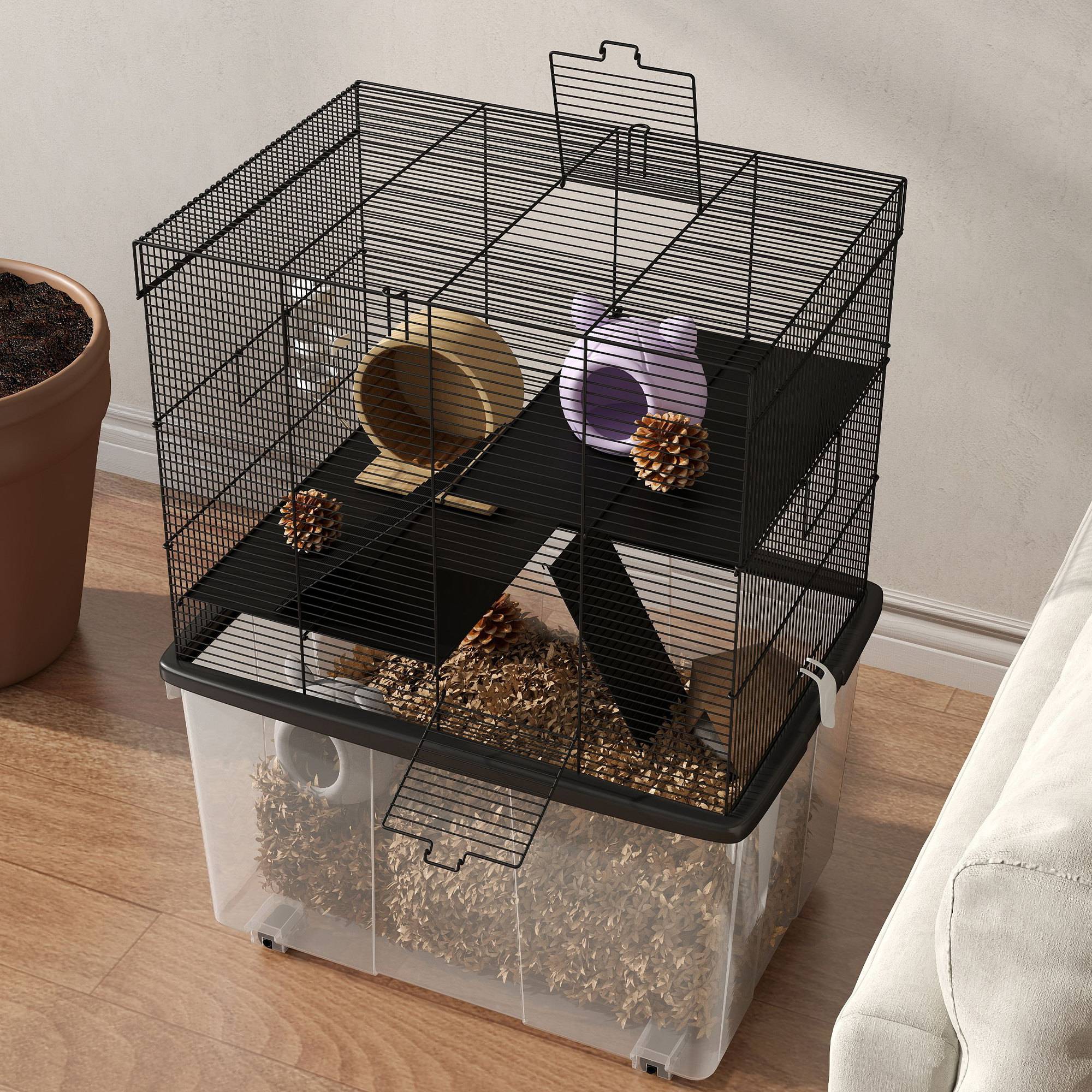 Cage pour hamsters 3 étages avec roues, 2 plateformes, rampes, gamelle et biberon, 58 x 43 x 74 cm, noire - Image 10