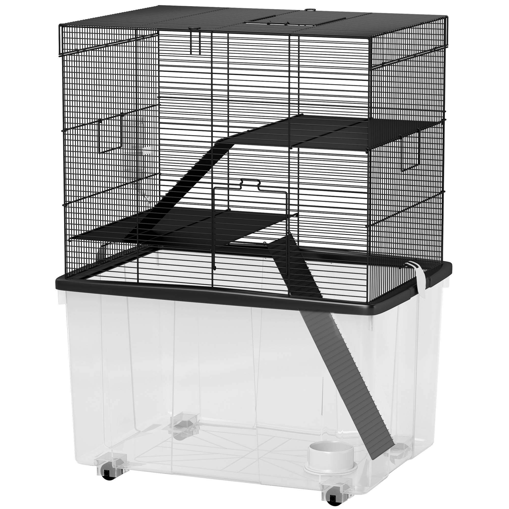 Cage pour hamsters 3 étages avec roues, 2 plateformes, rampes, gamelle et biberon, 58 x 43 x 74 cm, noire - Image 2