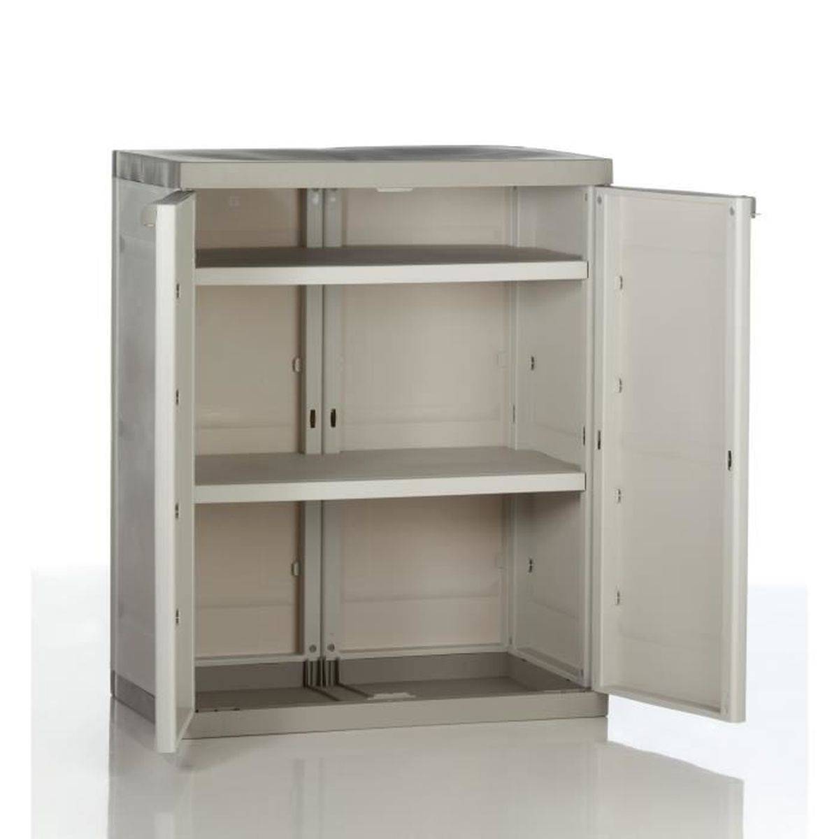 Armoire basse en résine 2 portes avec 2 étagères 70 x 44 x 88 cm Beige et Taupe - PLASTIKEN - Image 2