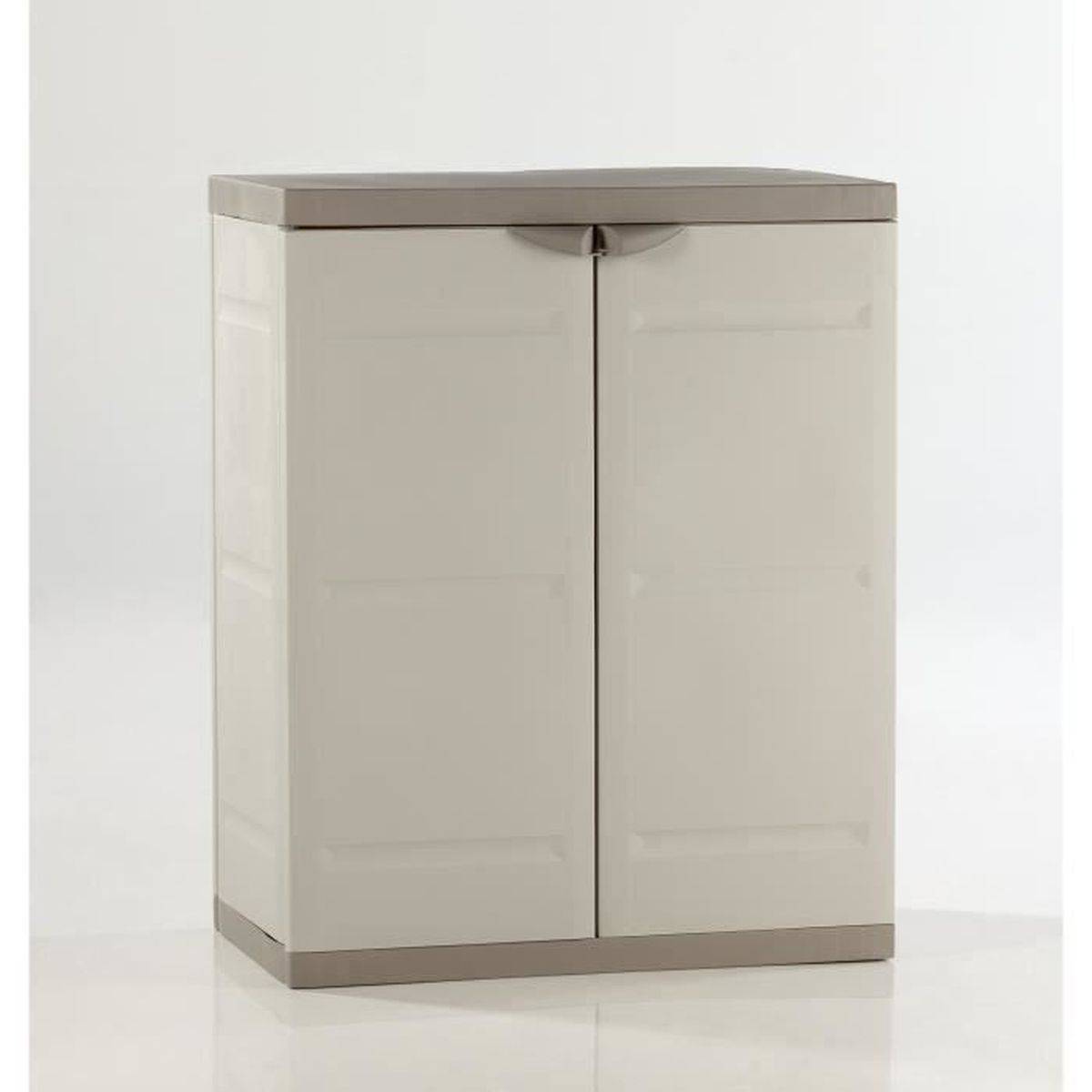 Armoire basse en résine 2 portes avec 2 étagères 70 x 44 x 88 cm Beige et Taupe - PLASTIKEN - Image 1