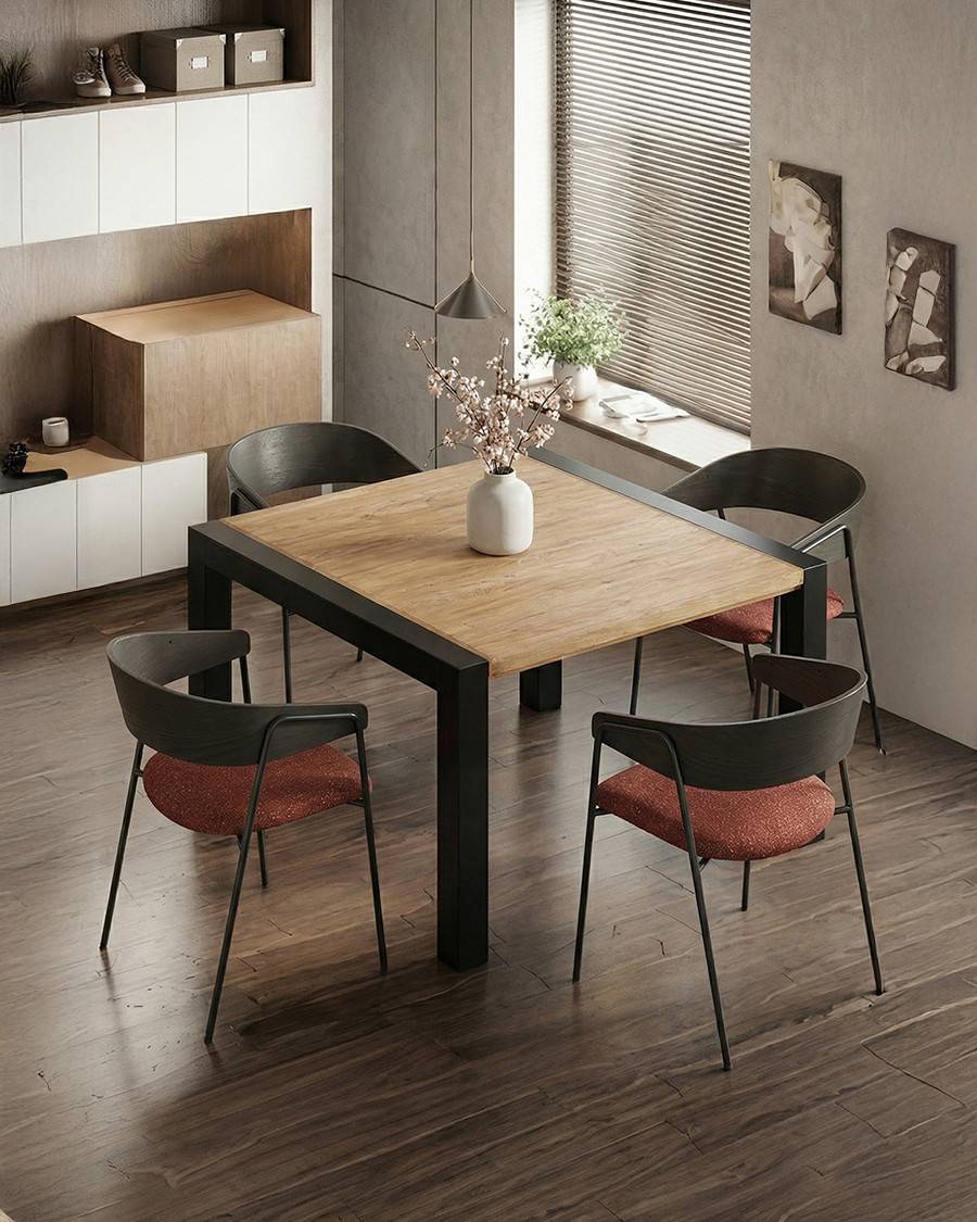 Arche - Table repas carrée en teck massif et métal L130 cm 8 pers. - UNIQKA - Imagen 2