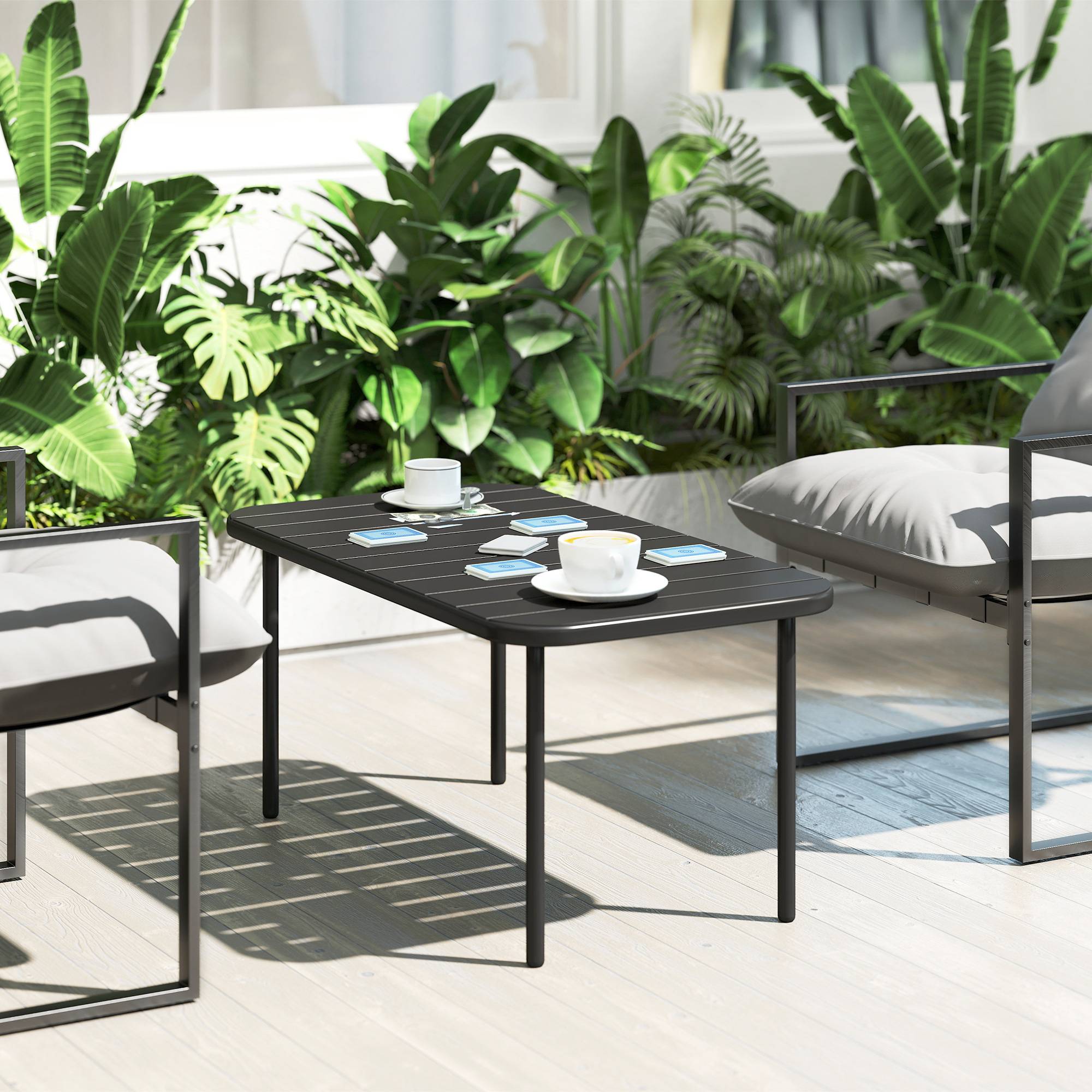 Table basse rectangulaire d’extérieur en métal imperméable, plateau à lattes idéal terrasse et jardin - Image 9