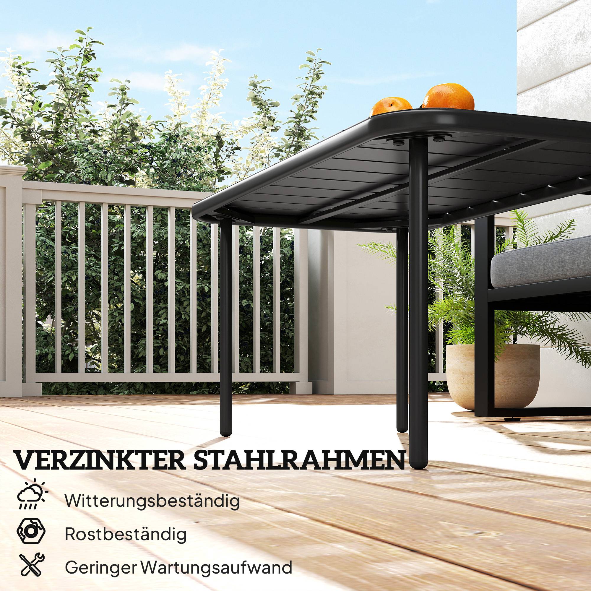 Table basse rectangulaire d’extérieur en métal imperméable, plateau à lattes idéal terrasse et jardin - Image 4