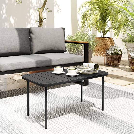 Table basse rectangulaire d’extérieur en métal imperméable, plateau à lattes idéal terrasse et jardin - Image 8