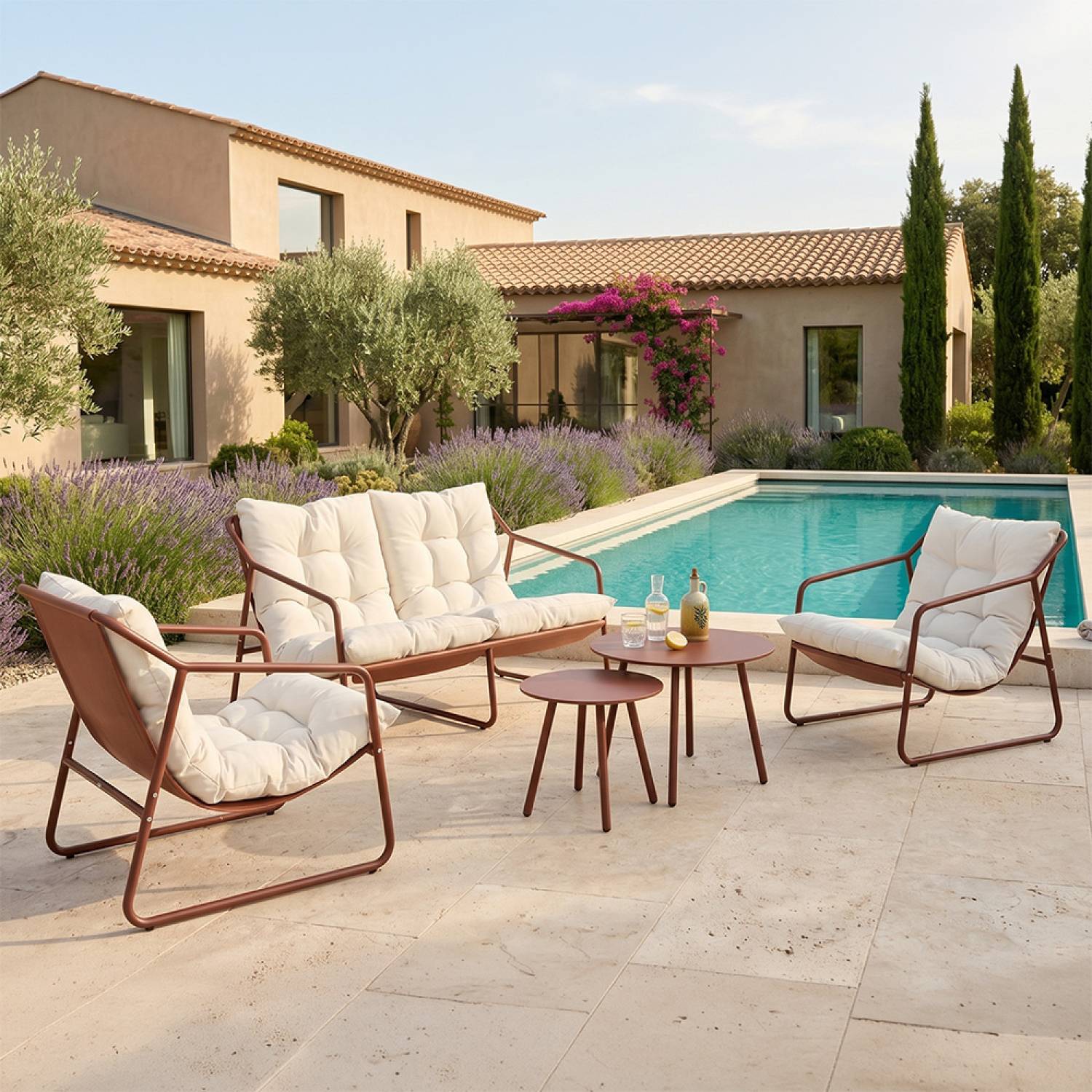Salon de jardin 4 places terracotta et beige avec tables basses ATRANI - Image 4